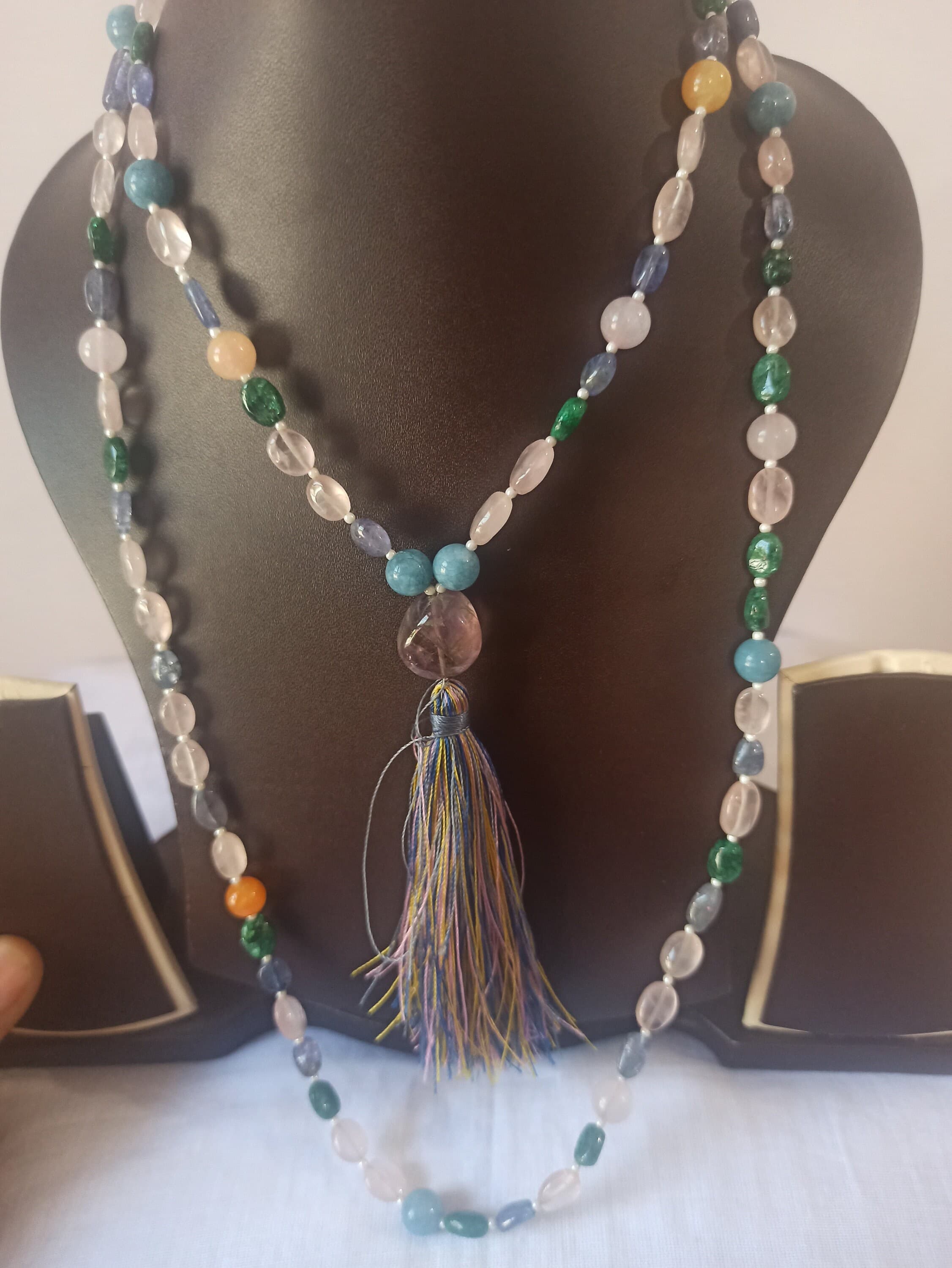 108 Bead Natural Multi Gemstone Japa Mala Necklace, Meditation Prayer Beads - image 4