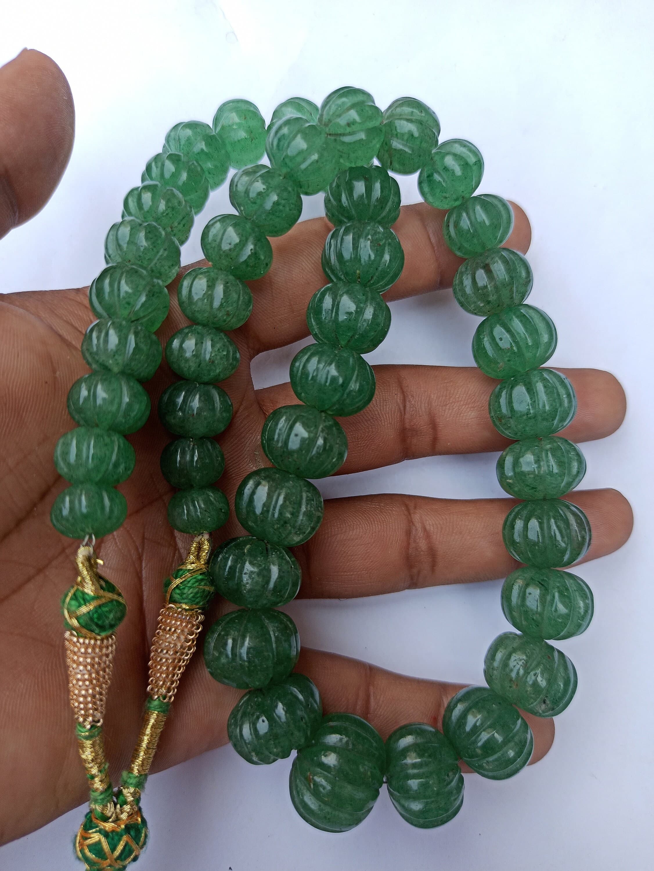 Natural Strawberry Emerald Gemstone Necklace: Green Pumpkin Beads, Adjustable Cord - image 3