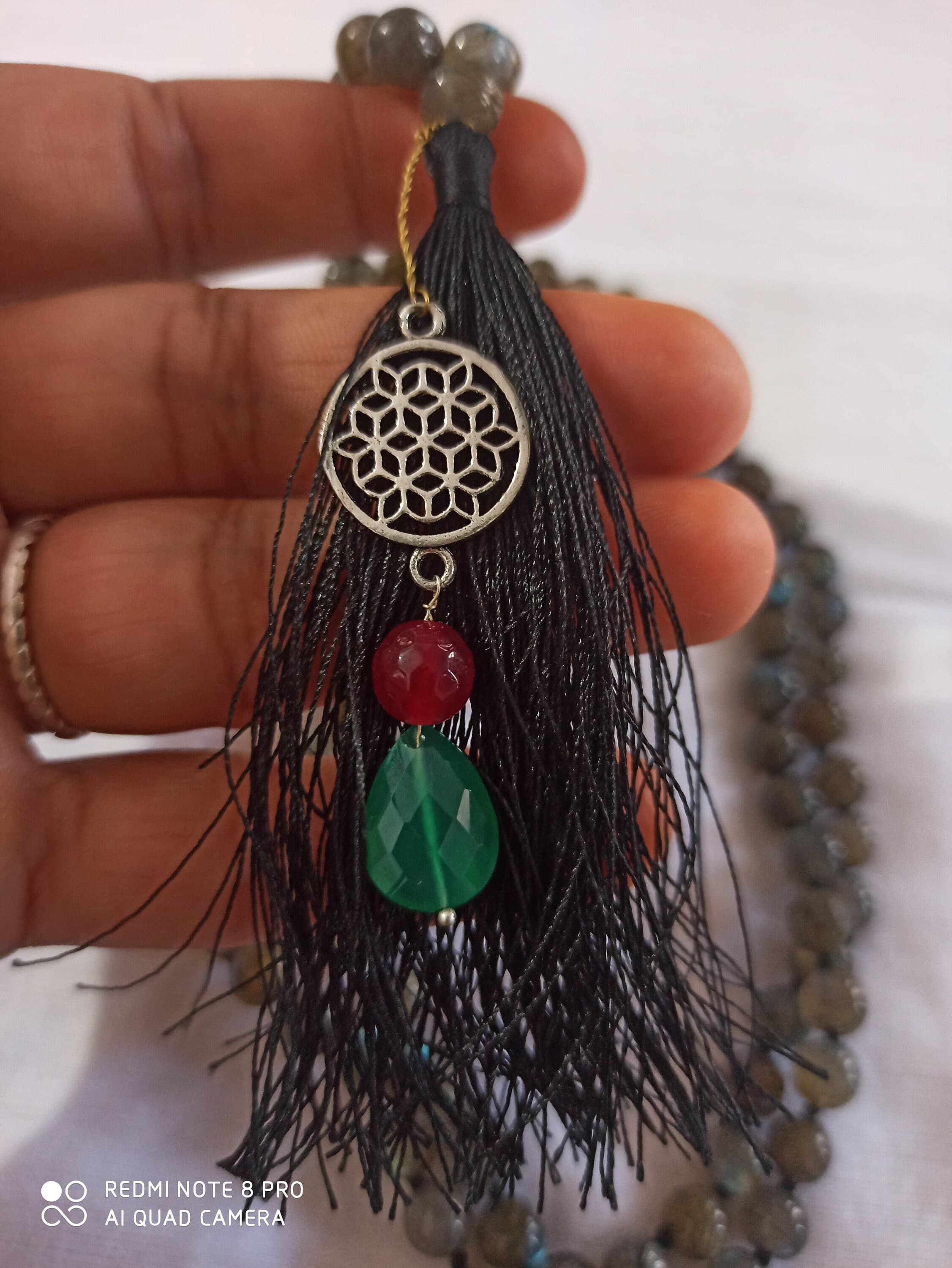Labradorite Japa Mala Necklace: 108 Gemstone Prayer Beads with Silver & Gold Pendant - image 4