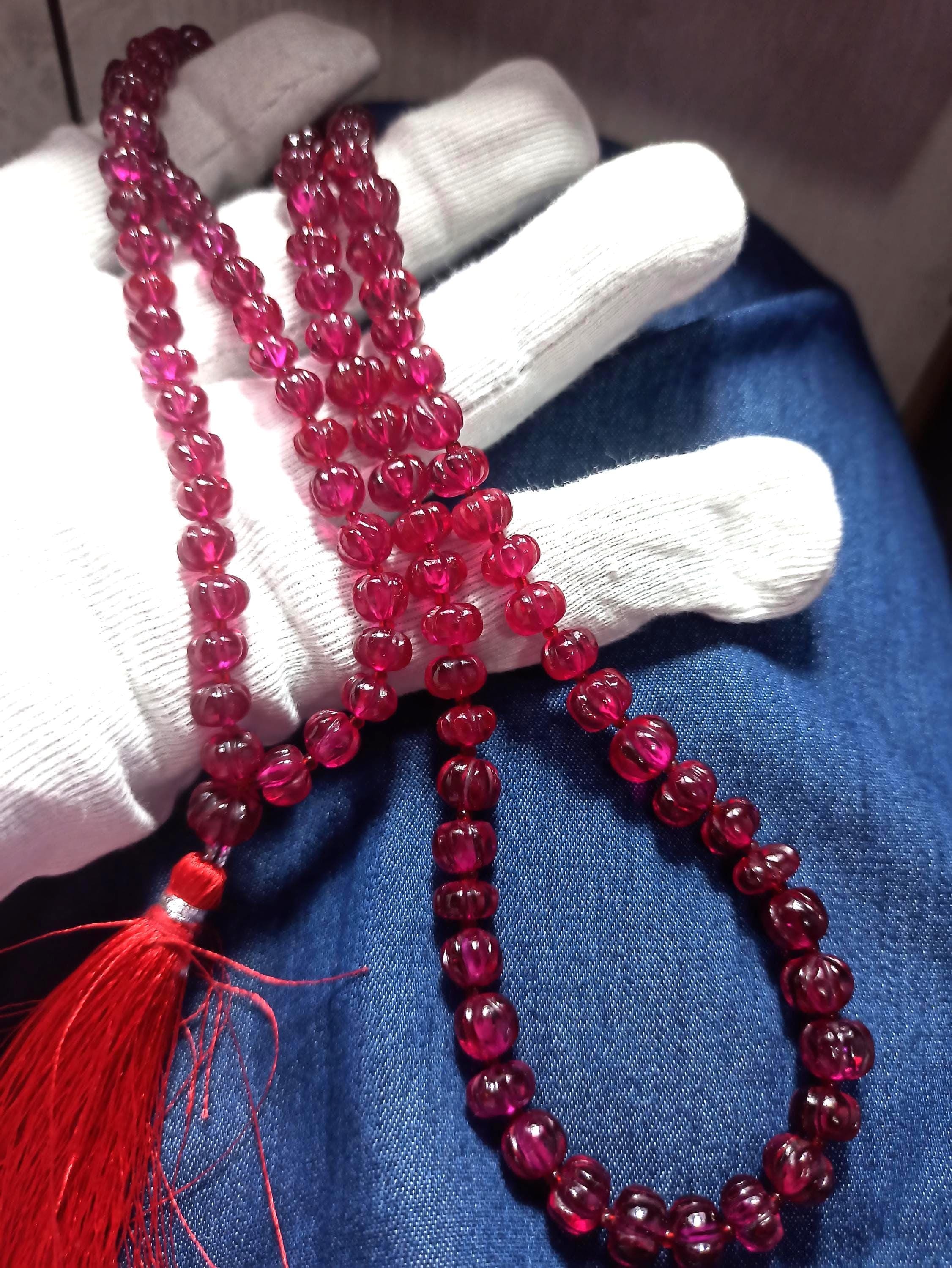 Ruby Corundum Japa Mala Tasbih Pumpkin Round Gemstone Prayer Beads Natural Meditation Spiritual Healing