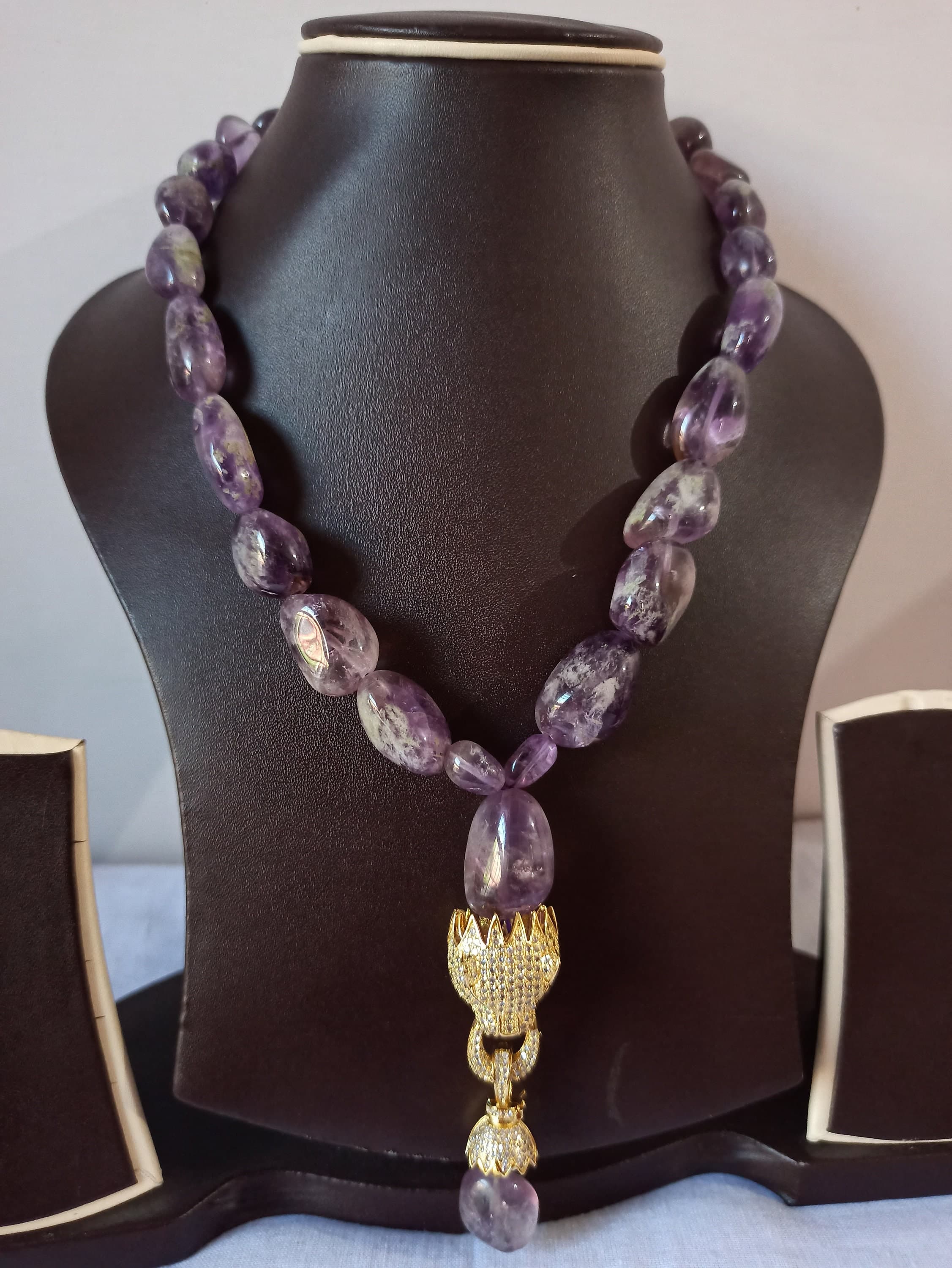 Natural Amethyst Tumble Necklace, 629 Carat Healing Gemstone Beads Gold-Plated Pendant, Handmade Jewelry - image 3
