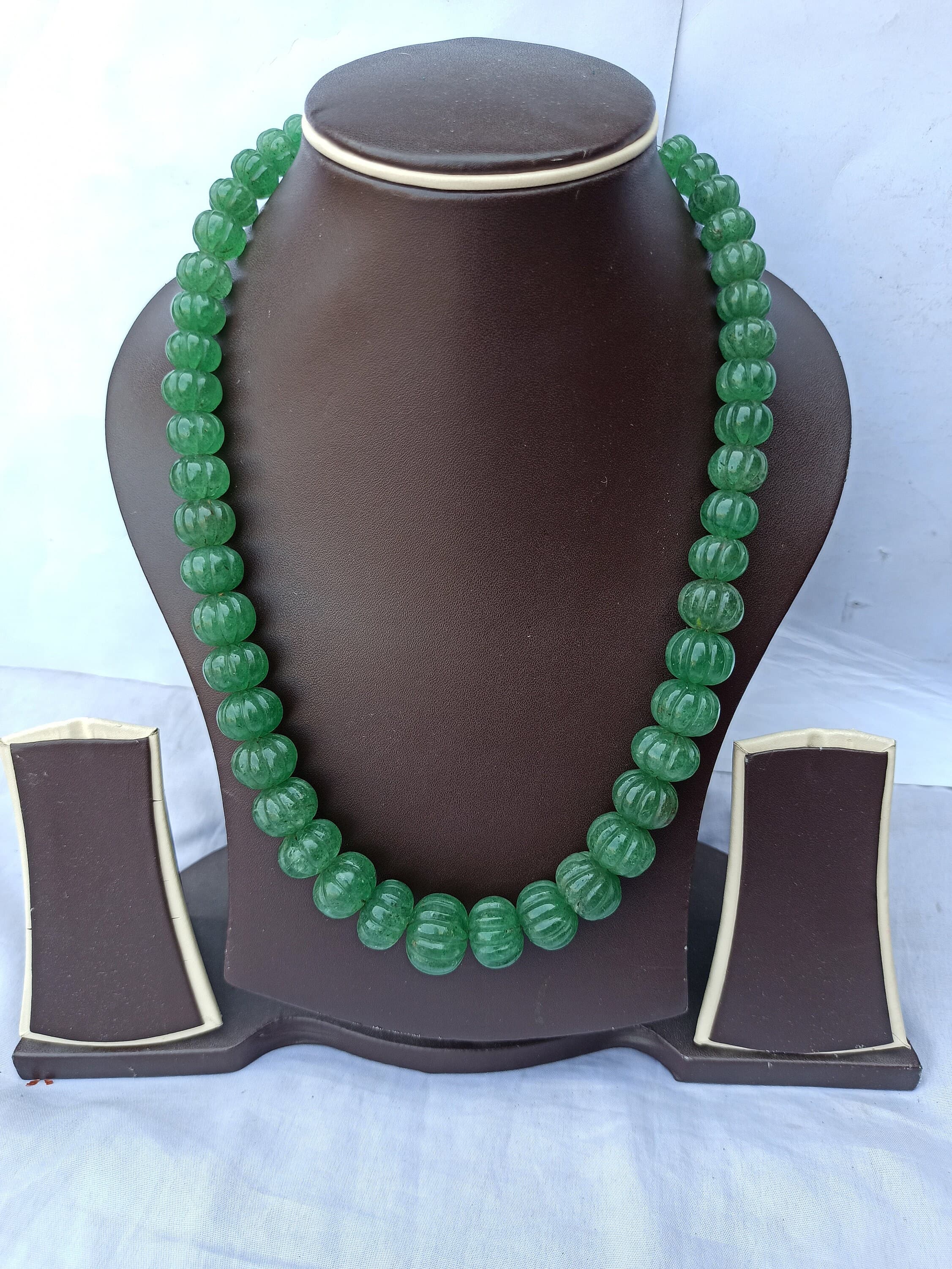 Natural Strawberry Emerald Gemstone Necklace: Green Pumpkin Beads, Adjustable Cord