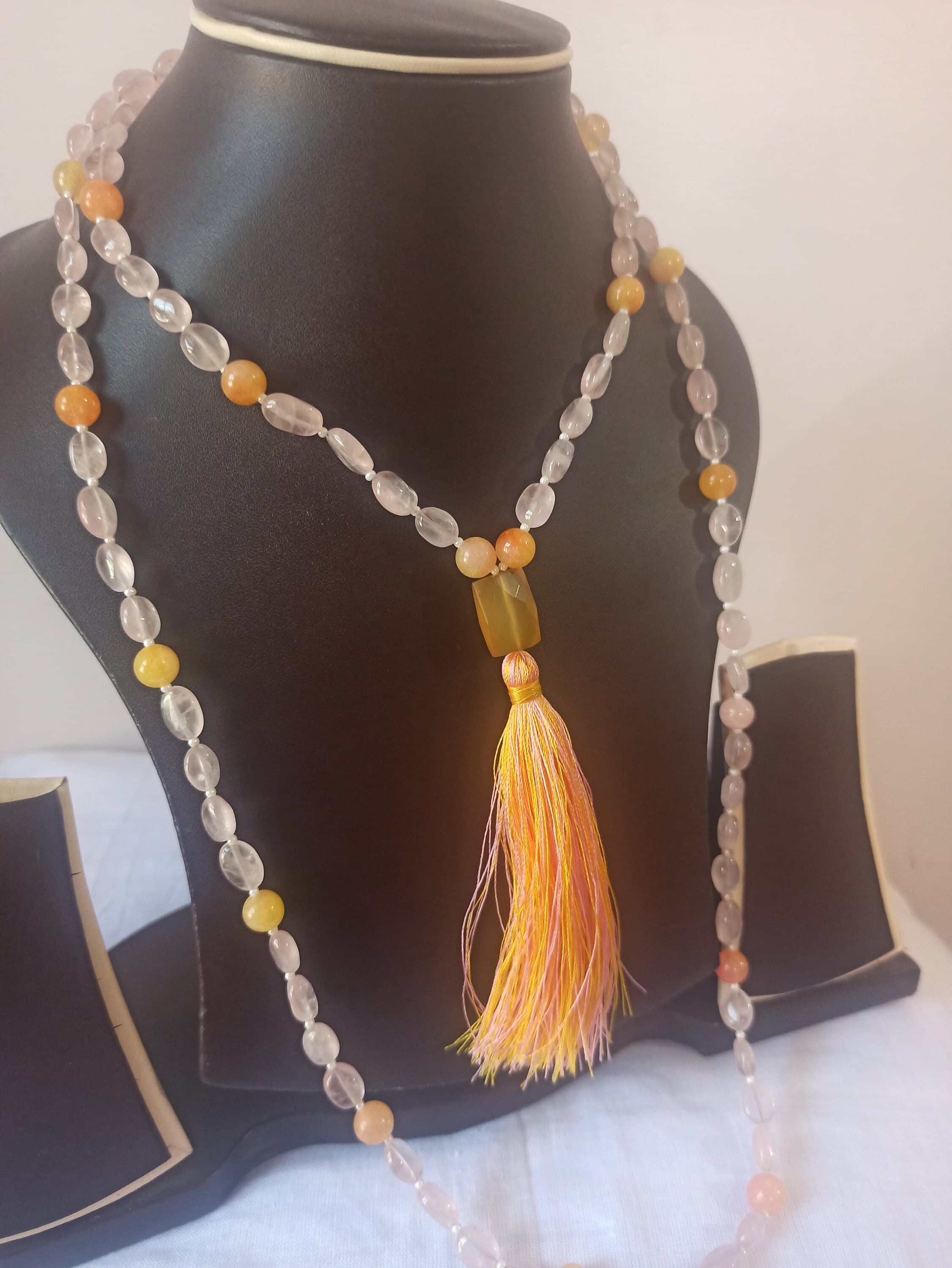 Natural Rose Quartz Japa Mala Prayer Beads 108 Oval Beads Necklace - image 5