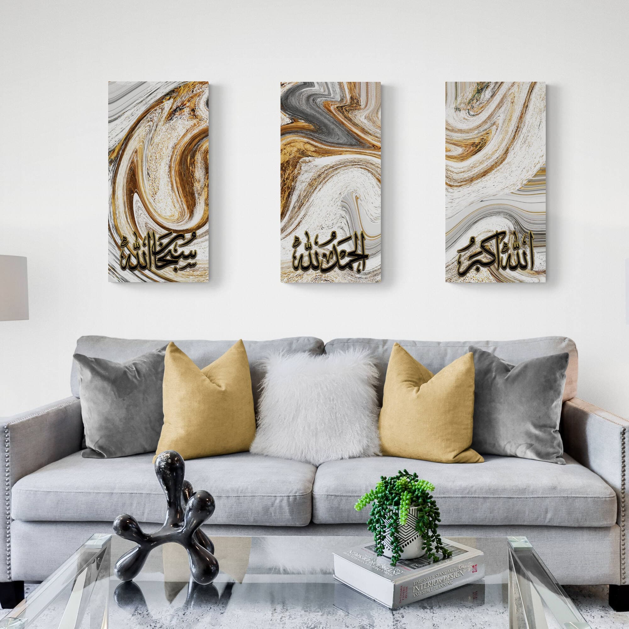 Marbled black and gold 3-panel Islamic artwork featuring 'Allahu Akbar, Alhamdulillah, Subhanallah' in Thuluth script