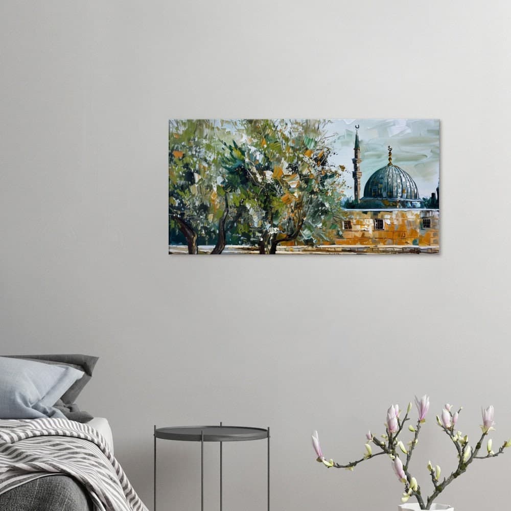 Intricate canvas portrayal of Palestine’s Al Masjid Al Aqsa, a masterpiece of Islamic architecture.