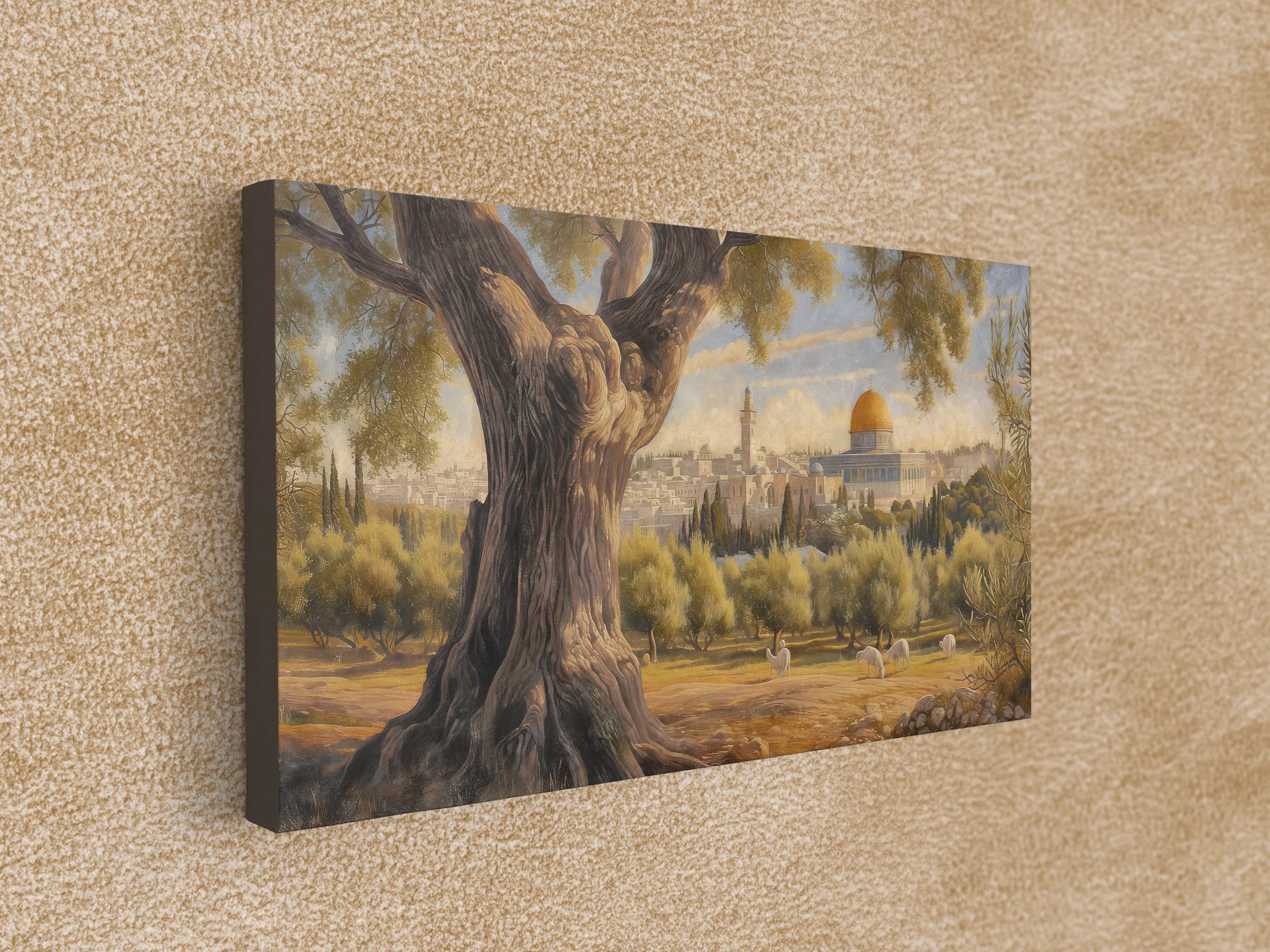 Olive Tapestry of Peace: A Glimpse of the Holy Dome from Mount's Embrace - Canvas Print
