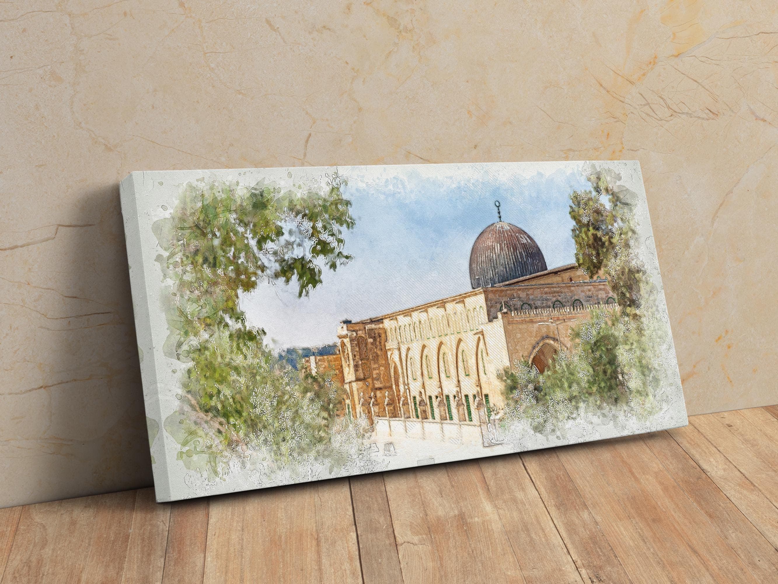 Palestinian Wall Art: Sacred Al-Aqsa Mosque surrounded by Olive Trees | Islamic Artwork