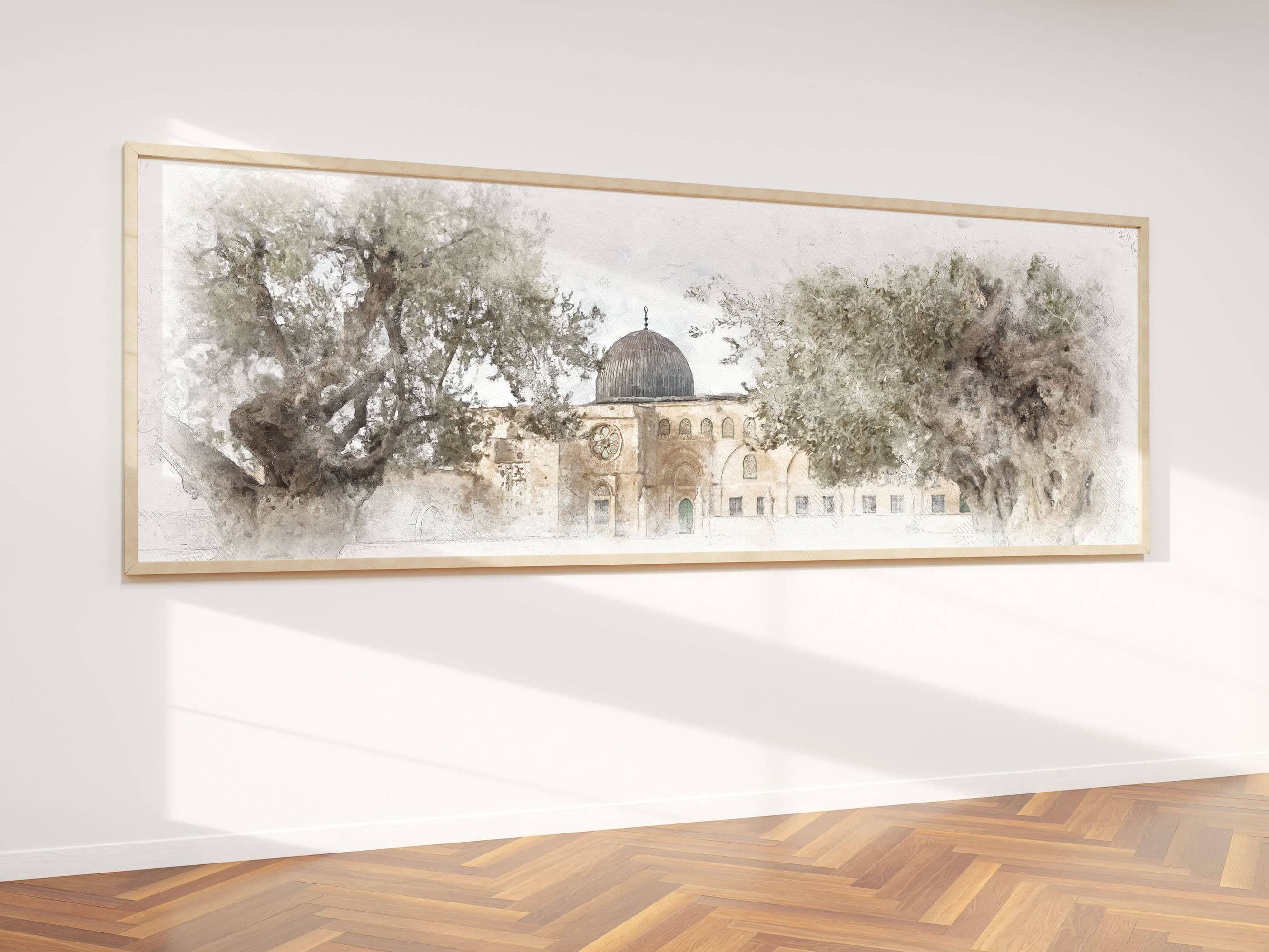 Al-Aqsa Mosque watercolor painting with olive trees | Palestine wall art