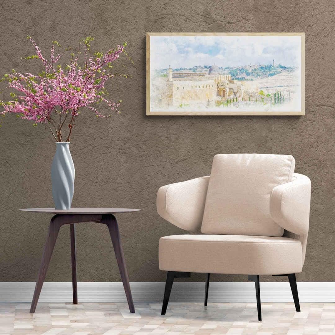32x16 inch Al Aqsa Mosque watercolor canvas print framed in natural wood, displayed above neutral sofa