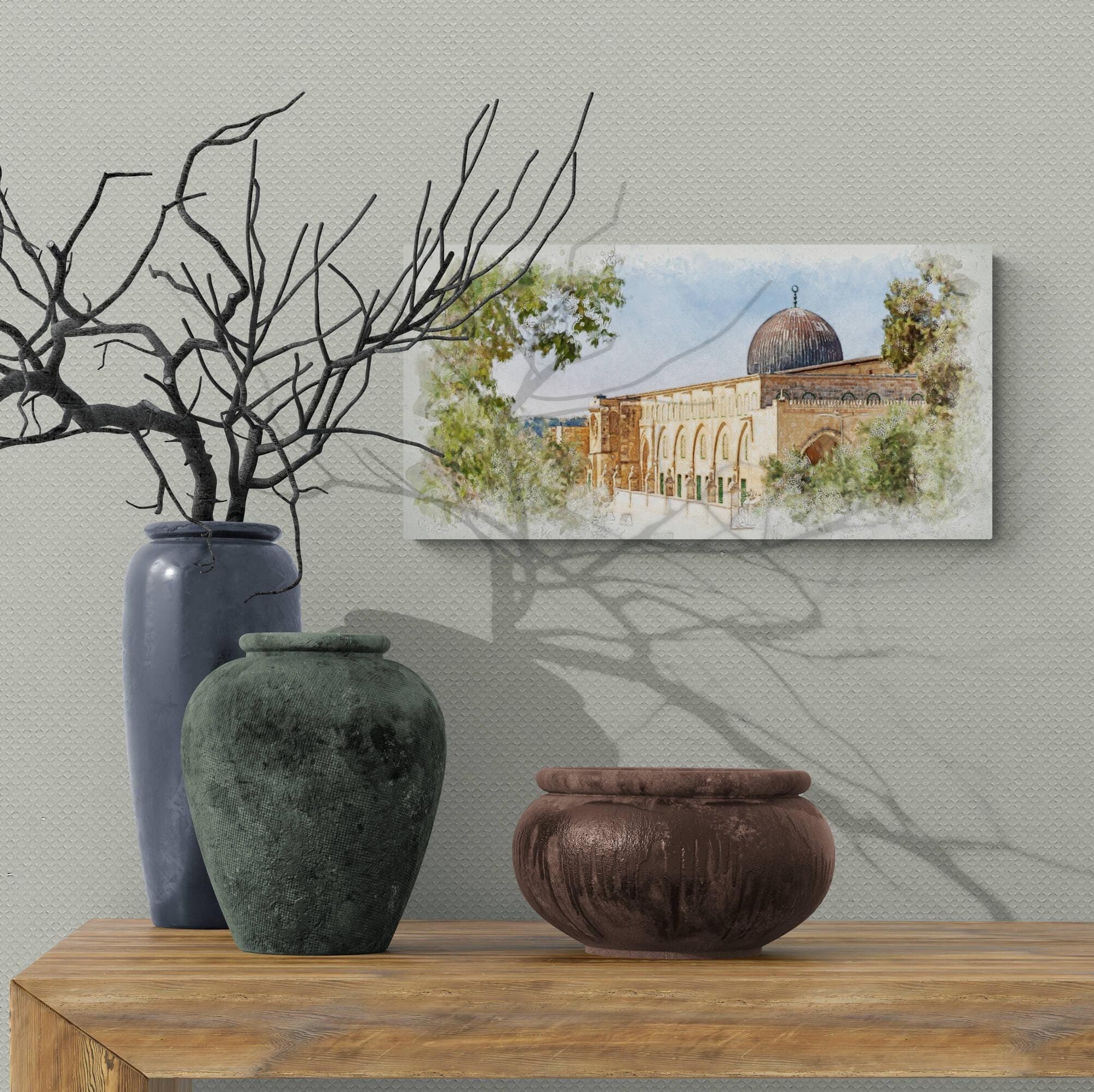 Al-Aqsa Mosque art print on canvas, surrounded by greenery, representing faith and endurance.