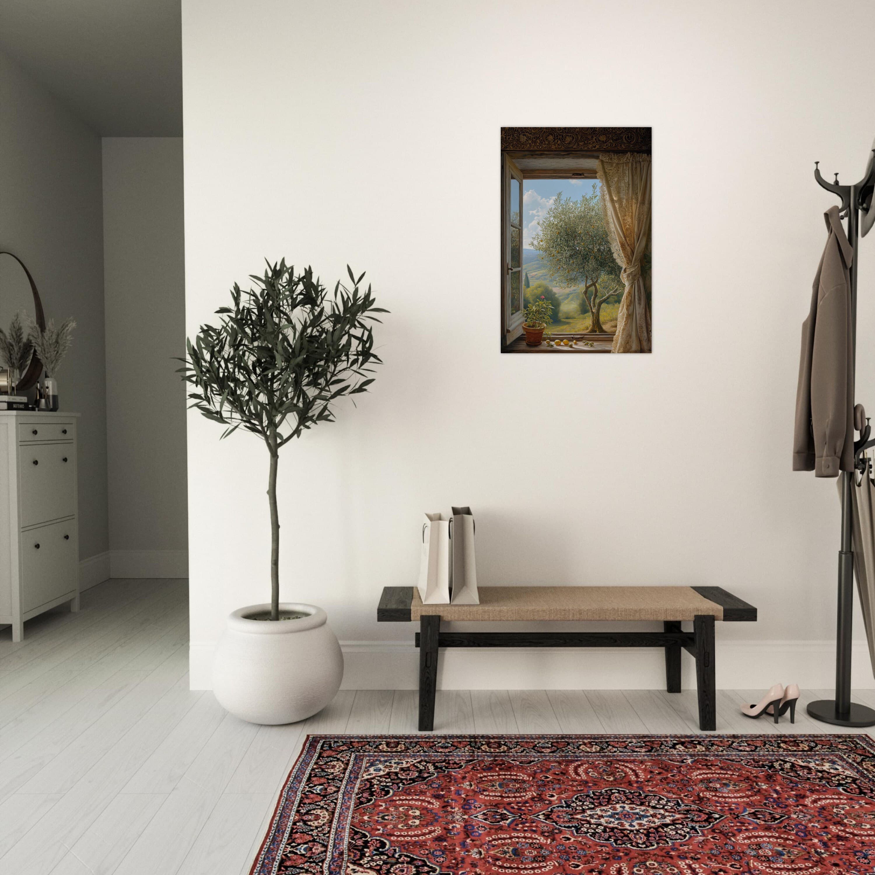 Geometric patterns dance in sunlight through a Palestinian window, framing a majestic olive tree. Aluminum print for modern and cultural decor.