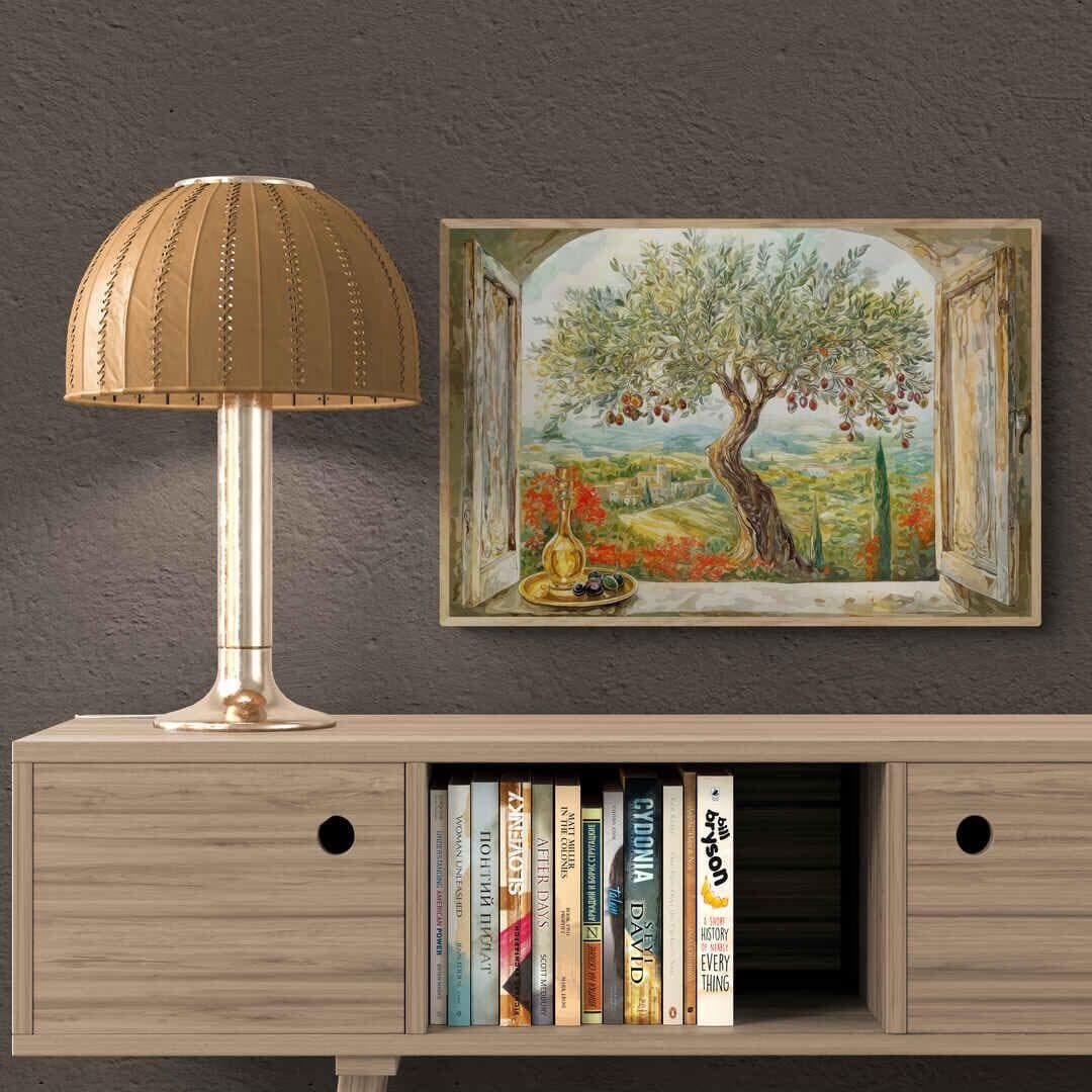 Serene olive tree laden with fruit against blue sky and distant Mediterranean hills in Islamic wall art.