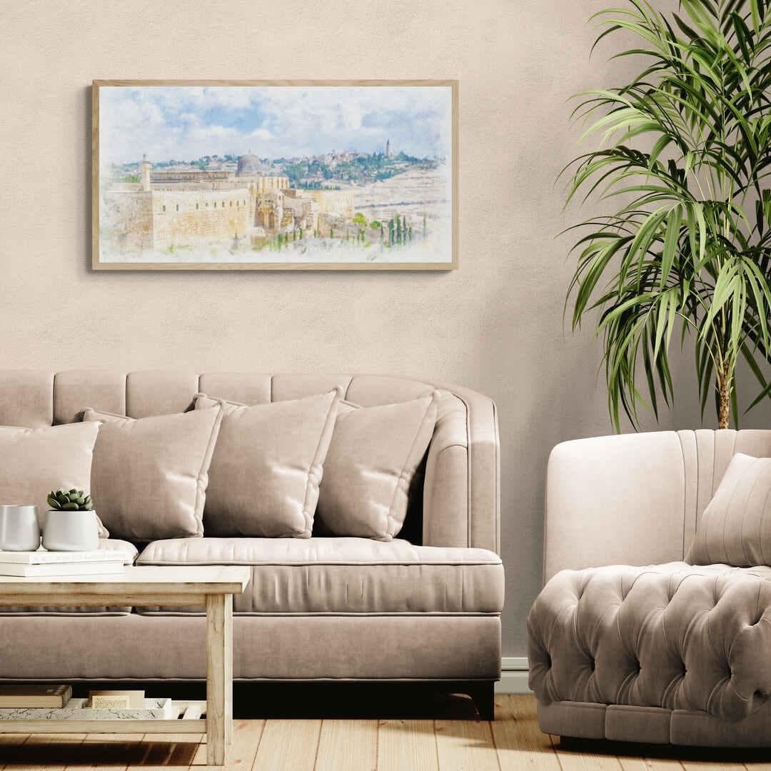 40x20 inch Islamic wall art print of Al Aqsa Mosque in watercolor style with beige and blue tones