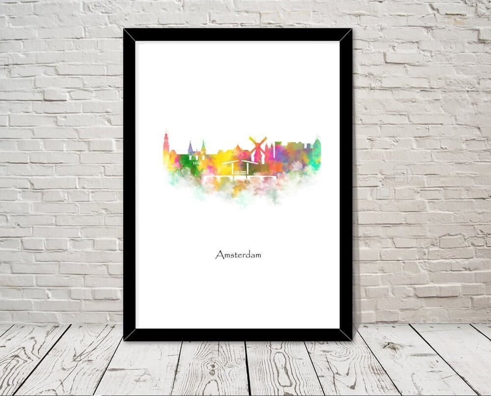 Netherlands Amsterdam Skyline Landmarks Watercolour illustration Print World Landmarks Attractions Famous Landmark Travel Poster