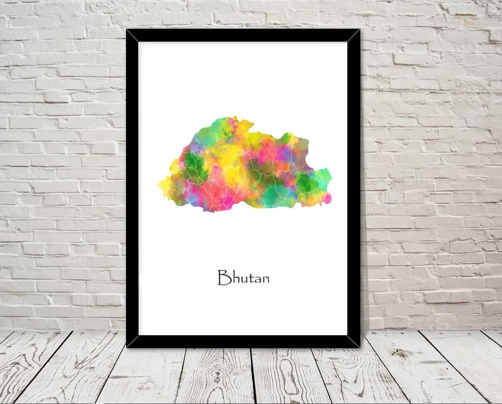 Bhutan Print Watercolour illustration Map Bhutan Map Art Map Abstract Art Home Decor Giclee Print Office Wall Art Room Art Map Decor