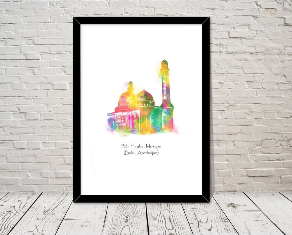 Azerbaijan art Bibi Heybat Mosque Islamic art Watercolour illustration Islamic prints islamic wall art islamic gifts muslim gifts islam art