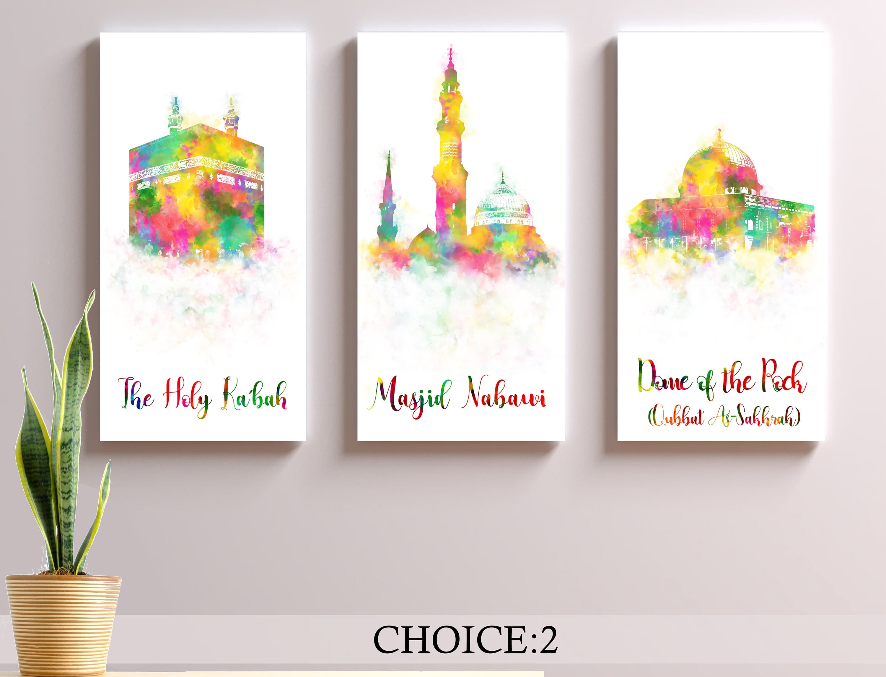 Islamic art Holy Kaaba Masjid Nabawi Masjid al aqsa Dome of the Rock  Al-Aqsa compound Watercolour Muslim art Stretched Canvas Ready to hang - image 3