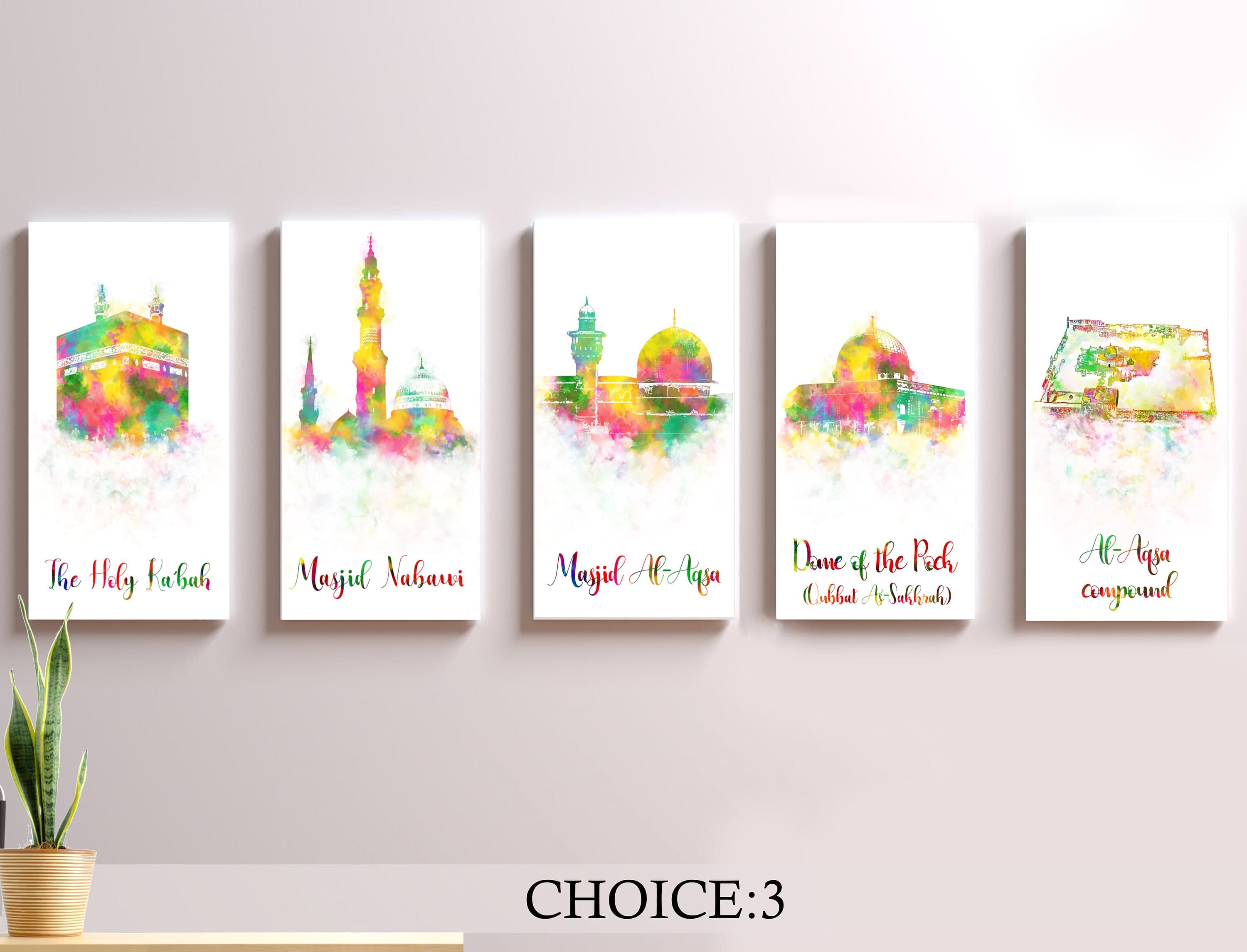 Islamic art Holy Kaaba Masjid Nabawi Masjid al aqsa Dome of the Rock  Al-Aqsa compound Watercolour Muslim art Stretched Canvas Ready to hang - image 4