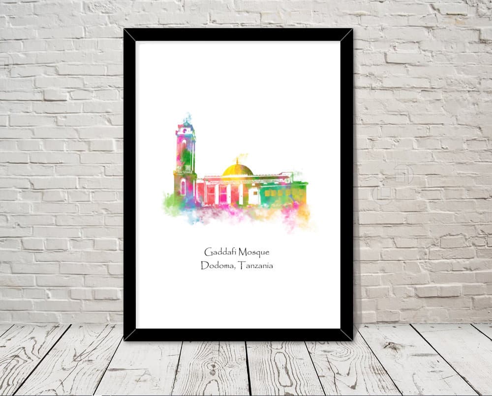 Gaddafi Mosque Tanzania Islamic art Watercolour illustration Islamic prints islamic wall art islamic gifts muslim gifts islam art