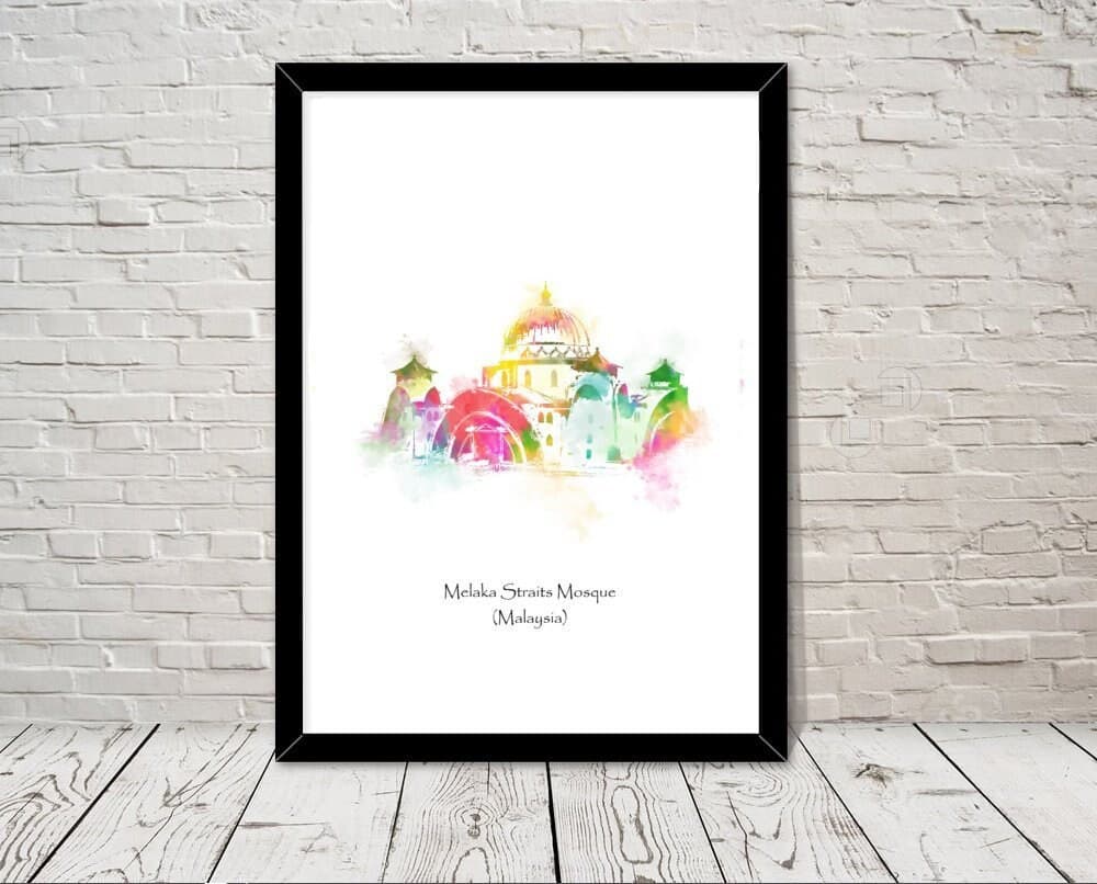 Malaysia Melaka Straits Mosque Islamic art Watercolour illustration Islamic prints islamic wall art islamic gifts muslim gifts islam art