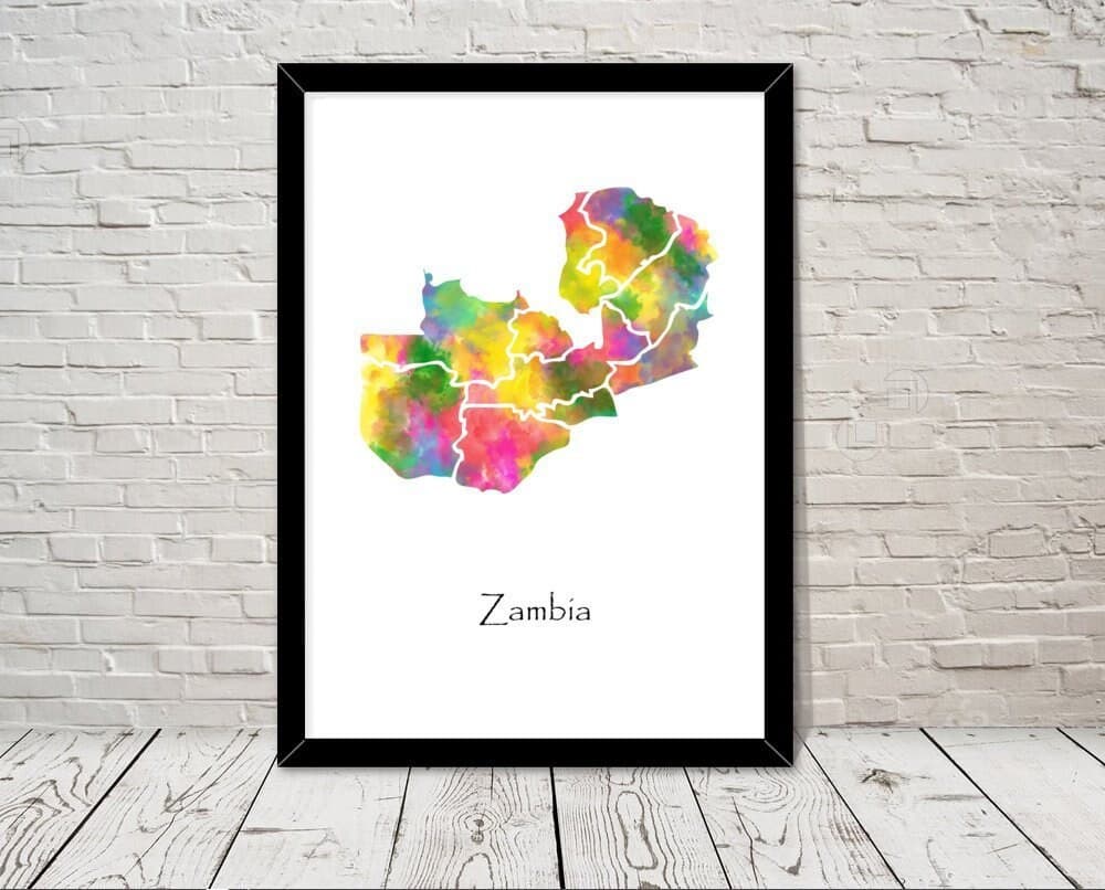 Zambia Art Watercolour illustration Map Abstract Art print Wall Art Home Decor Giclee Print Office Wall Art Living Room Art Map Decor