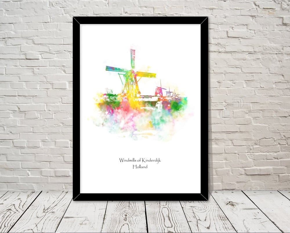 Holland Windmills of Kinderdijk Landmarks Watercolour illustration Print World Landmarks Attractions Famous Travel Poster historical sites
