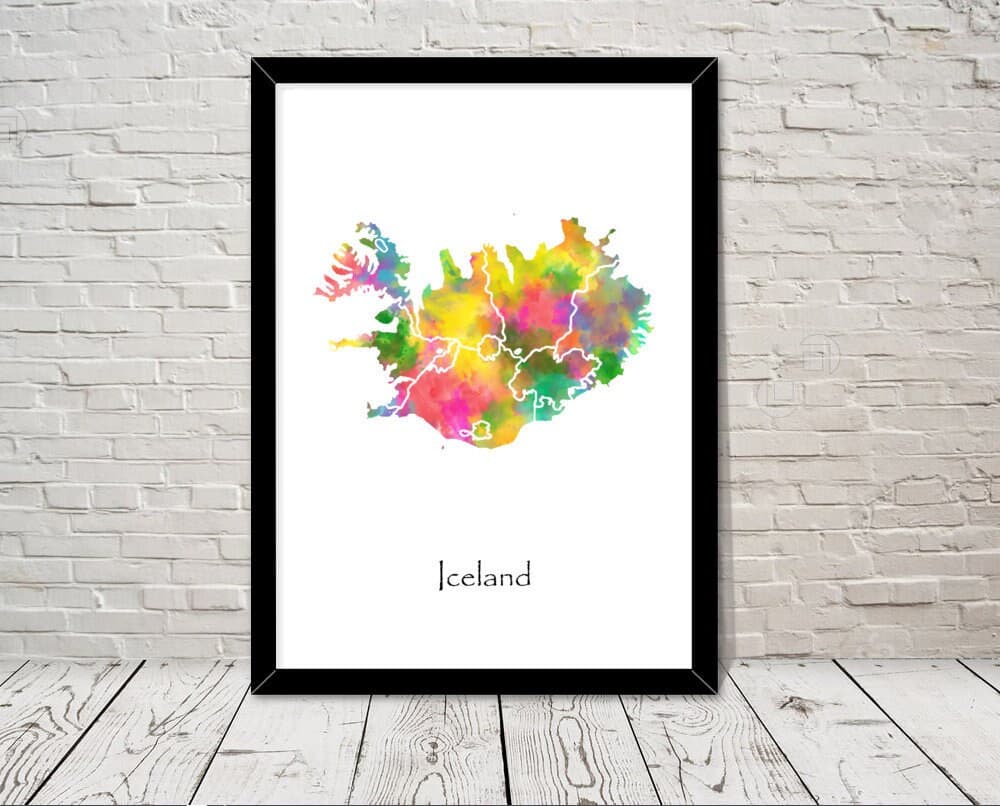 Iceland Print Watercolour illustration Map Iceland Map Art Map Abstract Art Home Decor Giclee Print Office Wall Art Room Art Map Decor