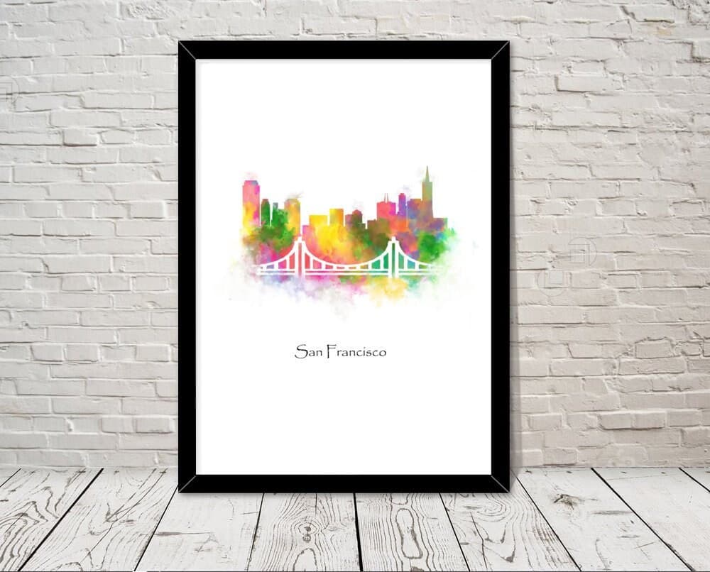 US Landmarks san francisco Skyline  Watercolour illustration Print World Landmarks Attractions Famous Landmark Travel Poster historical site