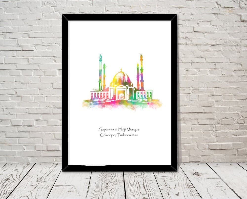 Saparmurat Hajji Mosque Turkmenistan Islamic art Watercolour illustration Islamic prints islamic wall art islamic gift muslim gift islam art