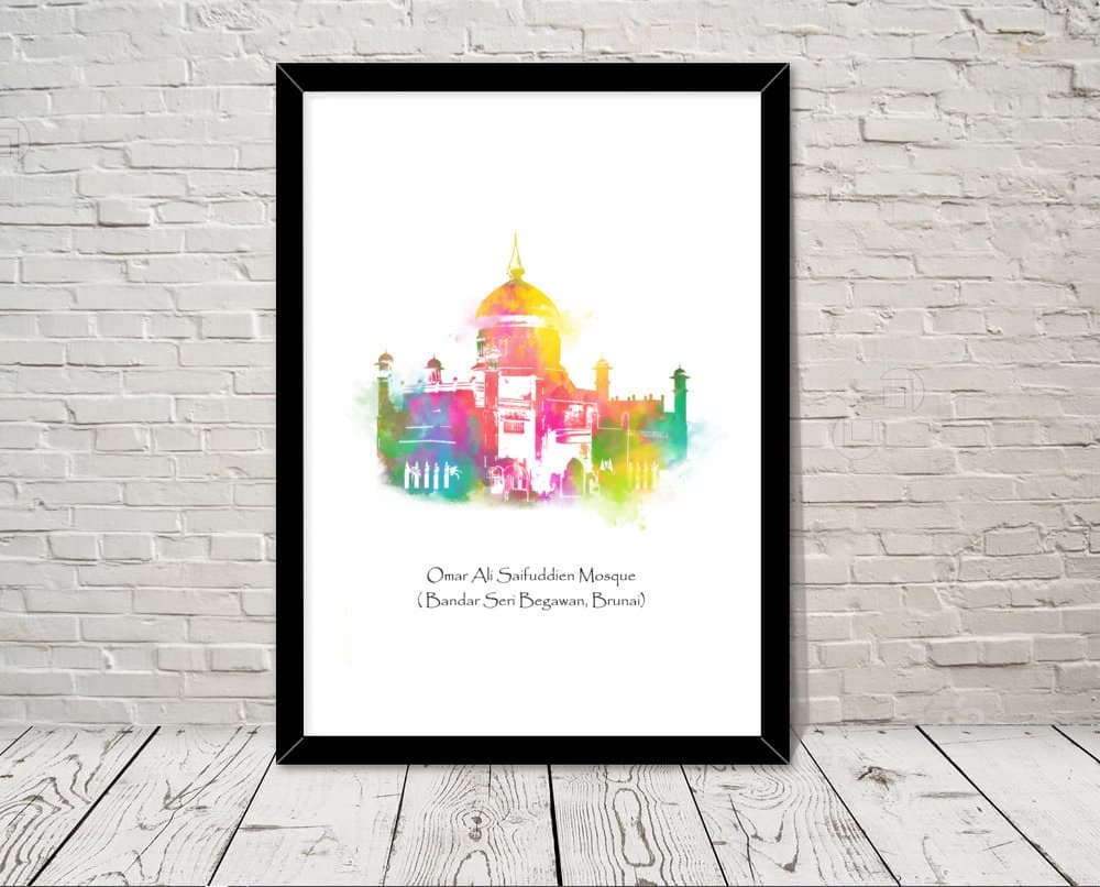 Brunei art Omar Ali Saifuddien Mosque Islamic art Watercolour illustration Islamic prints islamic wall art islamic gifts muslim gifts islam