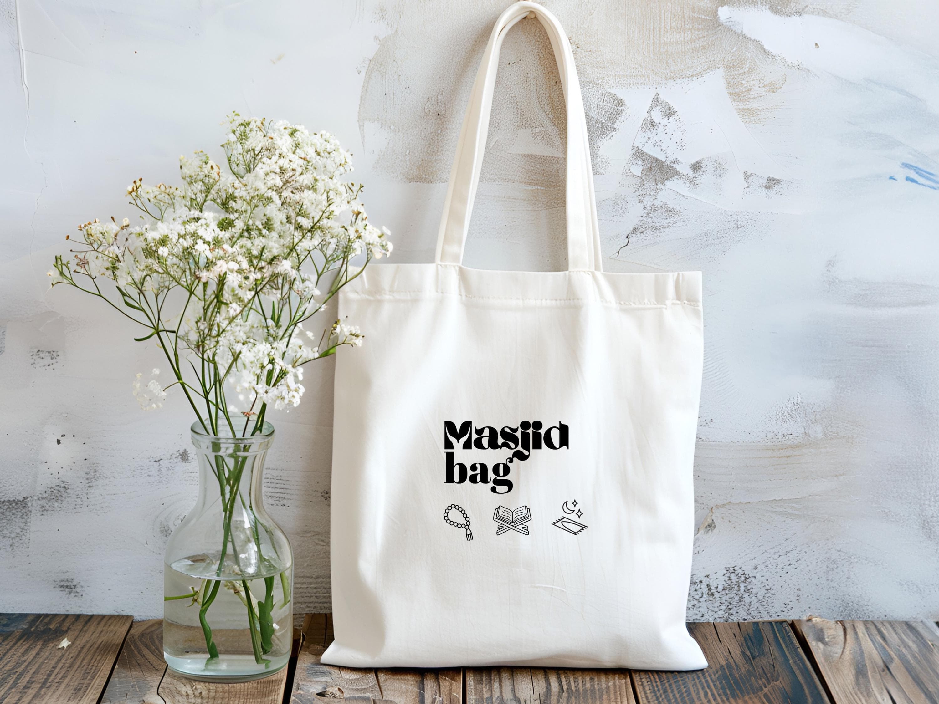 Masjid Tasche aus Baumwolle mit Icons (Tasbih, Koran, Gebetsteppich)