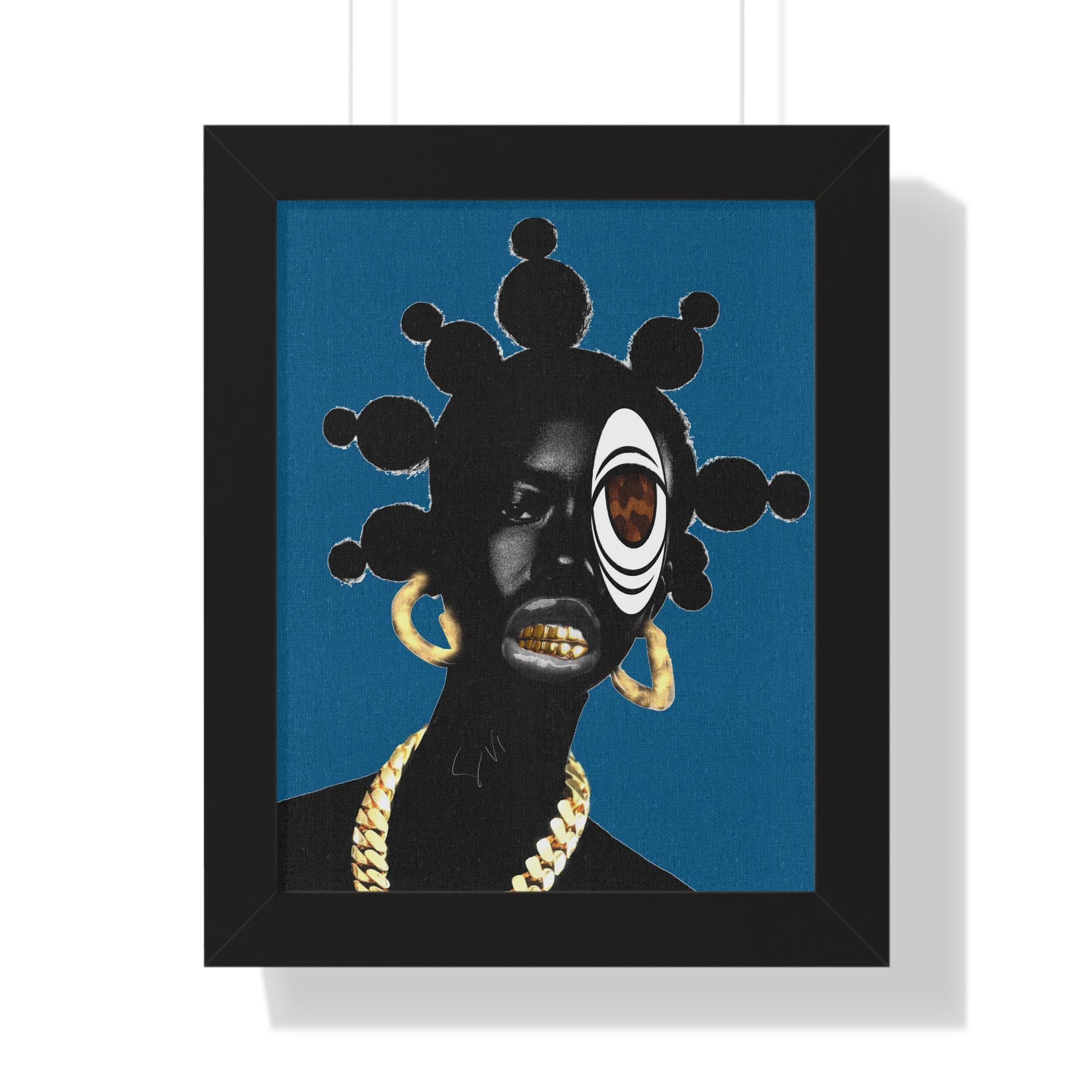Afrofuturist Portrait Framed Poster | Bold Afro Hair, Gold Jewelry - image 3