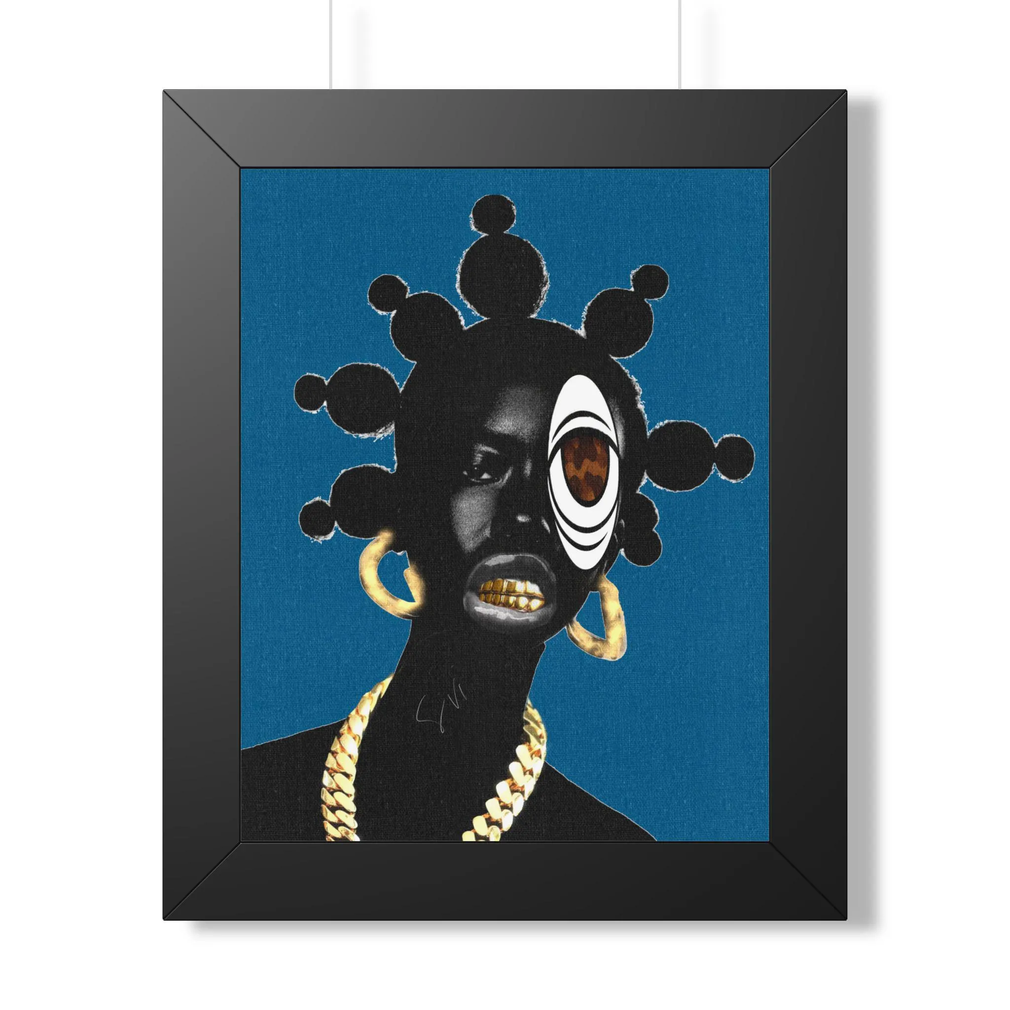 Afrofuturist Portrait Framed Poster | Bold Afro Hair, Gold Jewelry