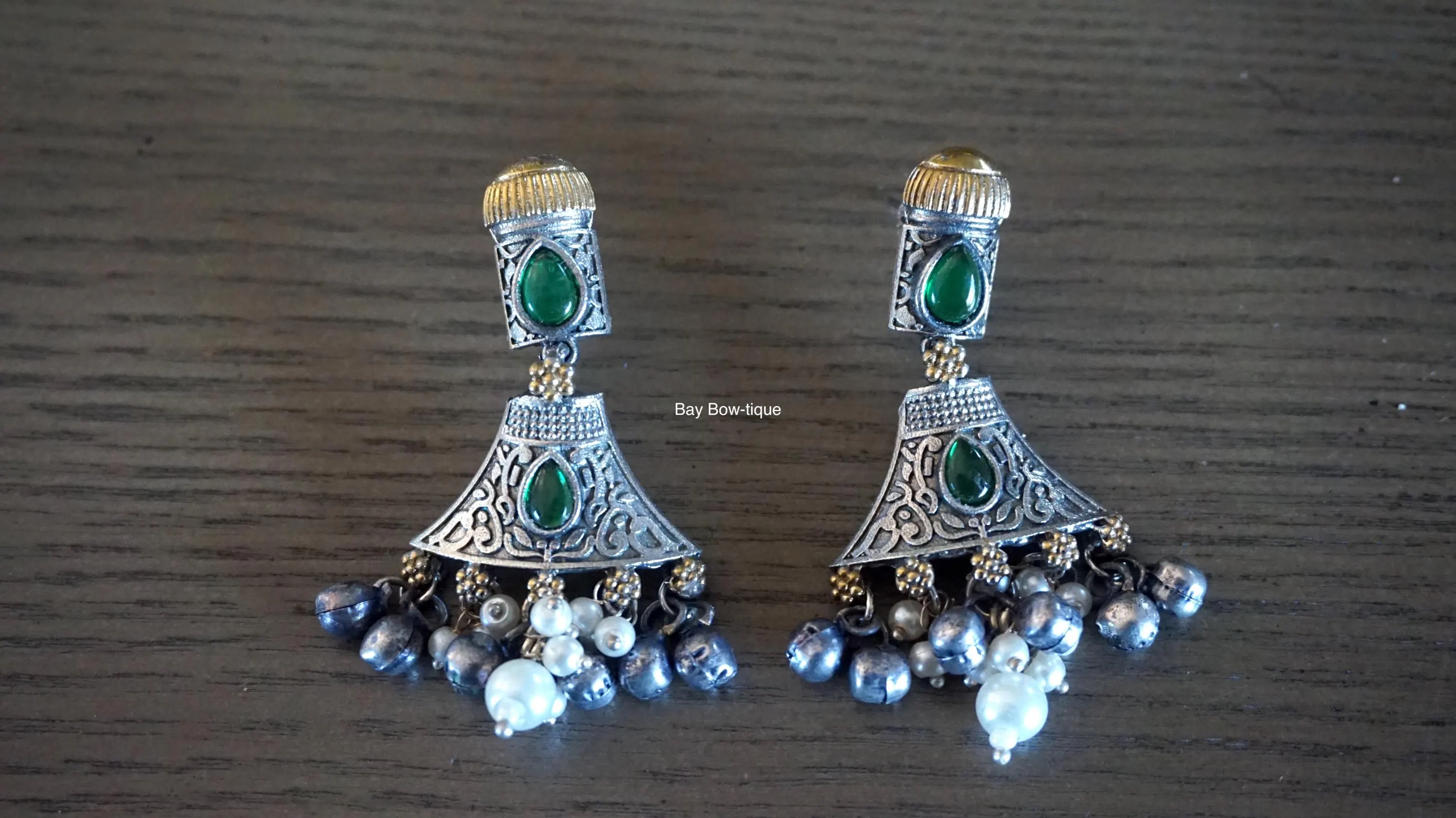 Dual tone Oxidized Earrings / Oxidized Jewelry / Indian Earrings / Indian jewelry / Green earrings / long earrings / Silver tone earrings