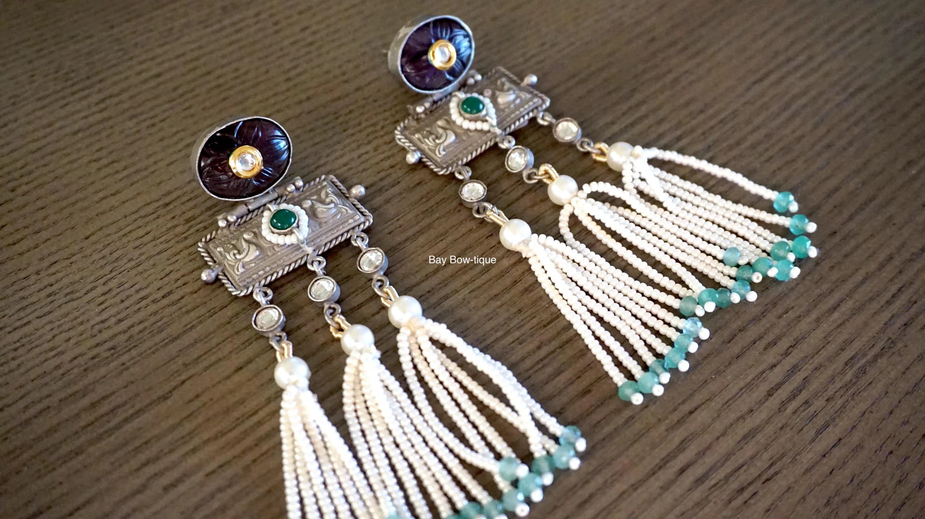 Fusion earrings, Kundan earrings, Carved stone earrings, Mint earrings, Pearl earrings, Silver tone earrings, Indian jewelry