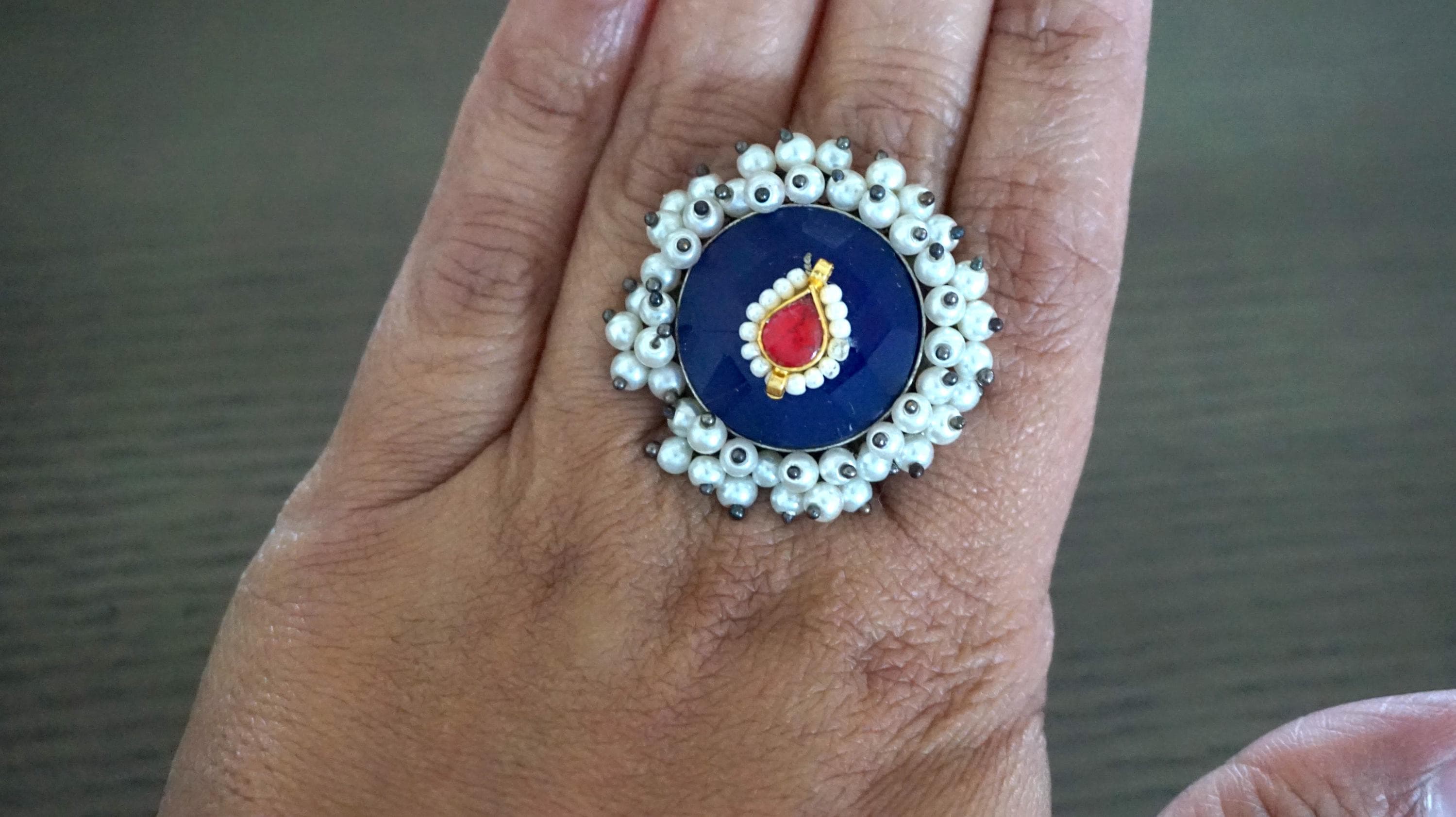 Adjustable finger ring / Indian finger ring / Indian jewelry / Statement ring / Blue finger ring / Clustered Pearl  ring / Pakistani jewelry - image 4