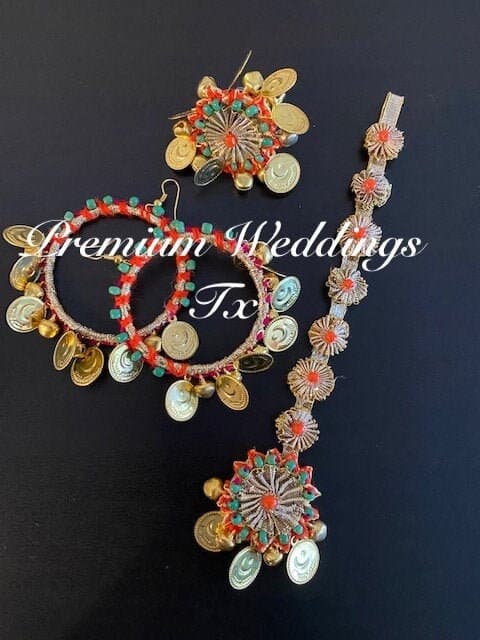 Handmade Gotta Jhumki Earrings & Maang Tikka Set: Indian Bridal Jewelry
