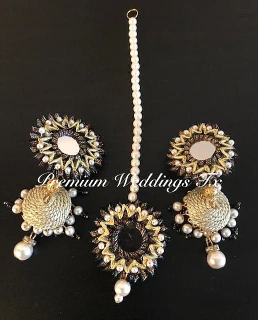 Handmade Gotta Jhumki Set: Black Earrings & Maang Tikka, Indian Bridal Jewelry