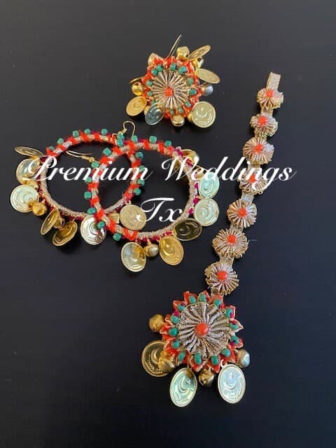 Handmade Gotta Jhumki Earrings & Maang Tikka Set: Indian Bridal Jewelry - image 3