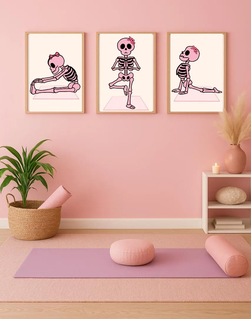 Pink Skeleton Yoga Print Set | Girly Halloween Decor (Digital Download) - image 3