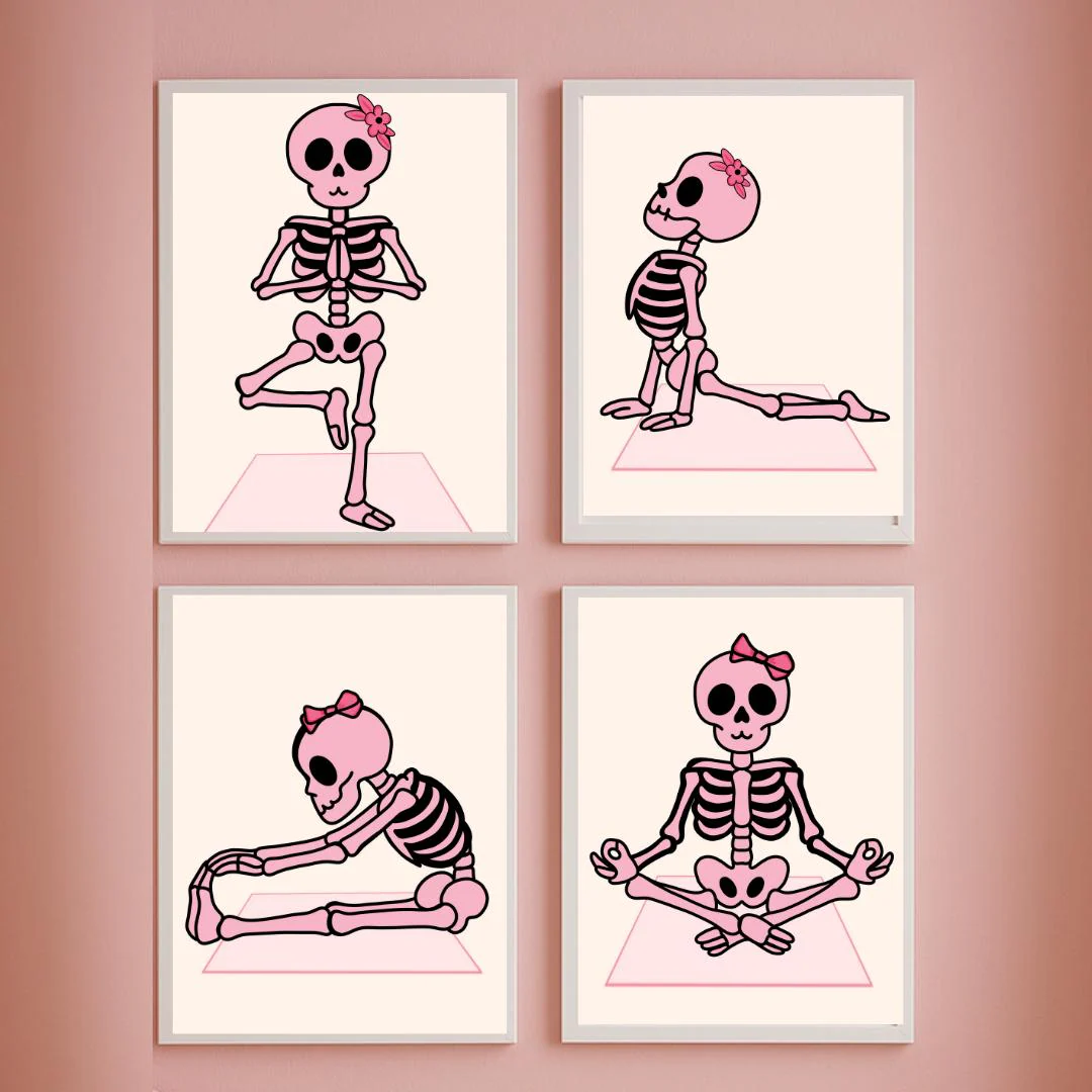 Pink Skeleton Yoga Print Set | Girly Halloween Decor (Digital Download)