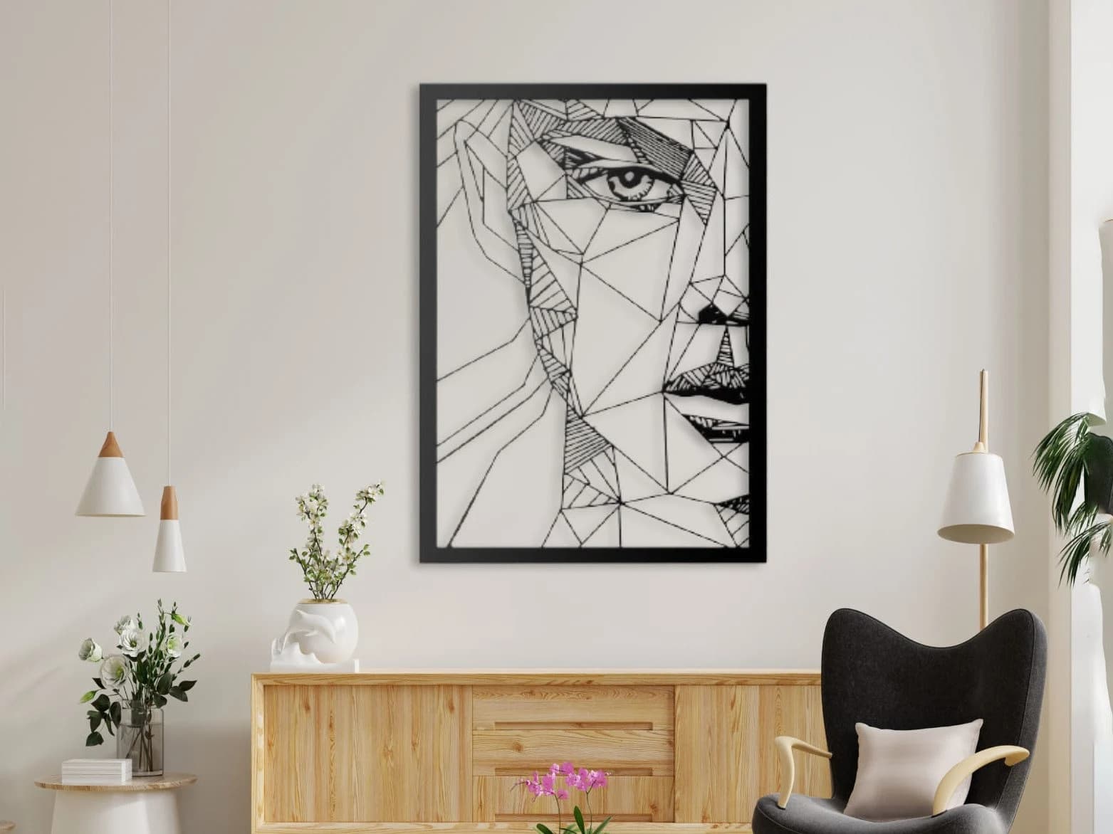 Woman Face Metal Wall Art: Geometric Home Decor (46x70cm)