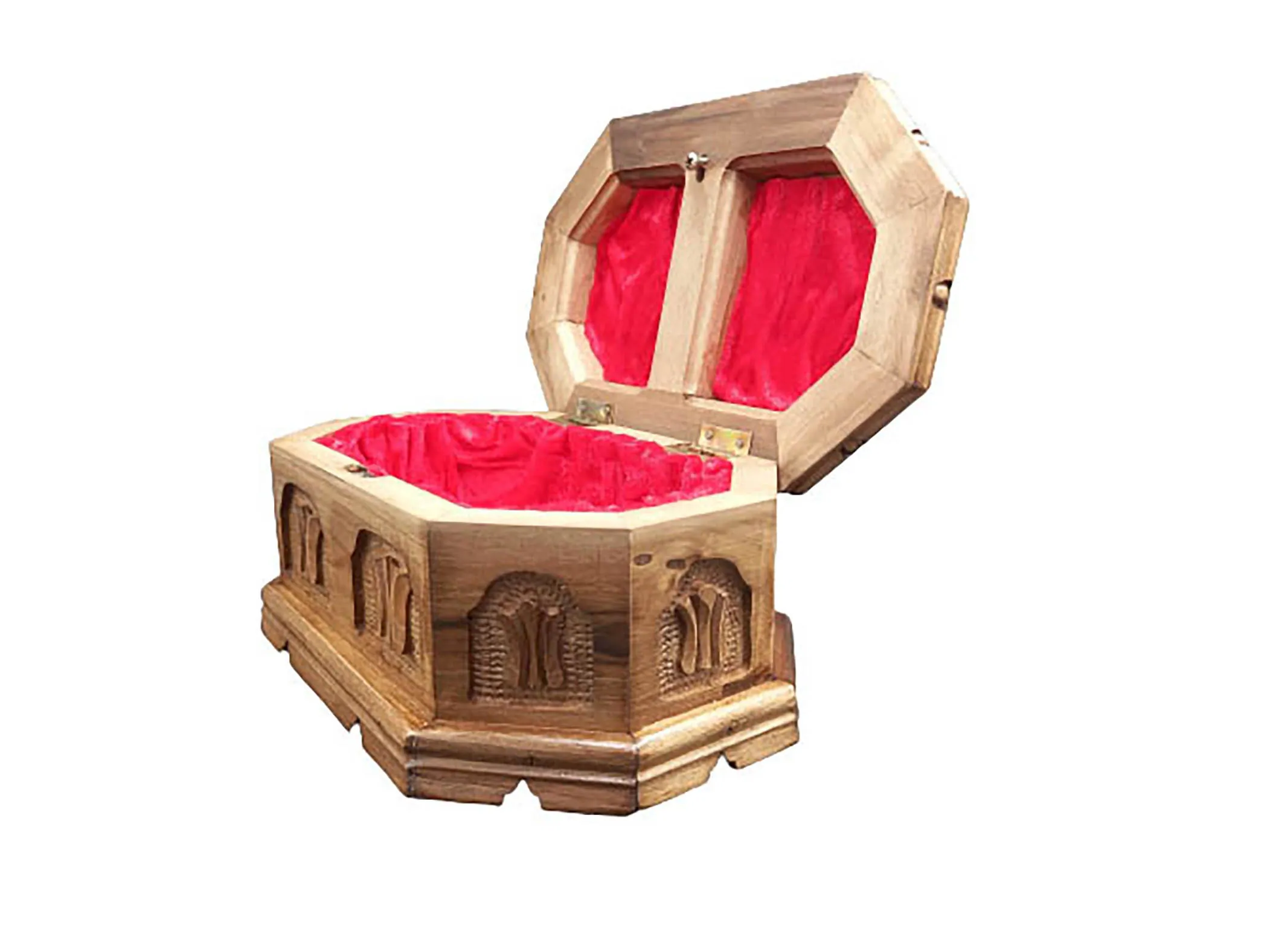 Handcarved Walnut Octagonal Puzzle Box: Red Velvet Jewelry Box