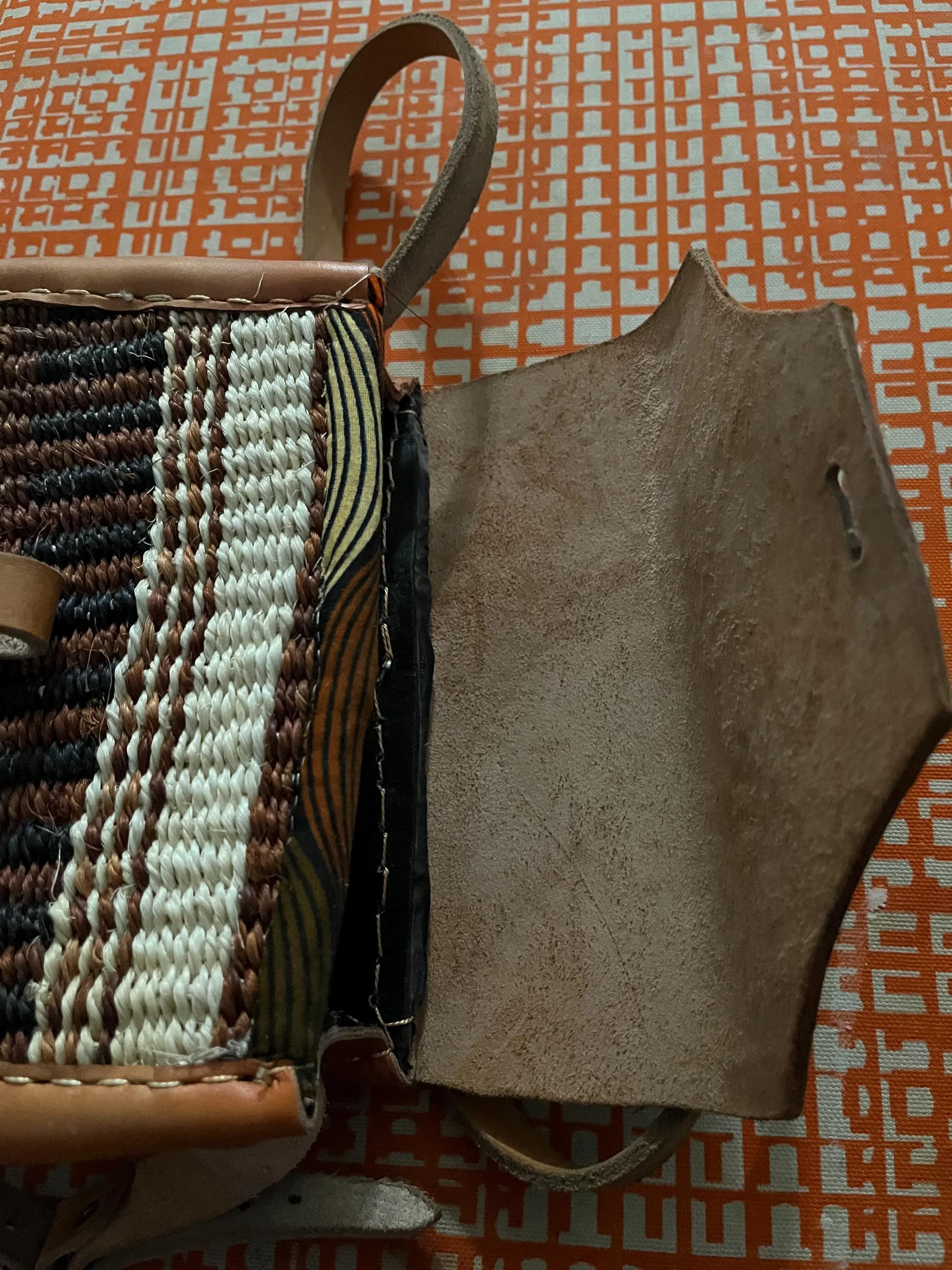 Vintage Woven Leather Crossbody Bag, Boho Handwoven Purse, Brown Cream Textile Shoulder Bag, Rustic Artisan Small Satchel, Festival Hippie - image 4