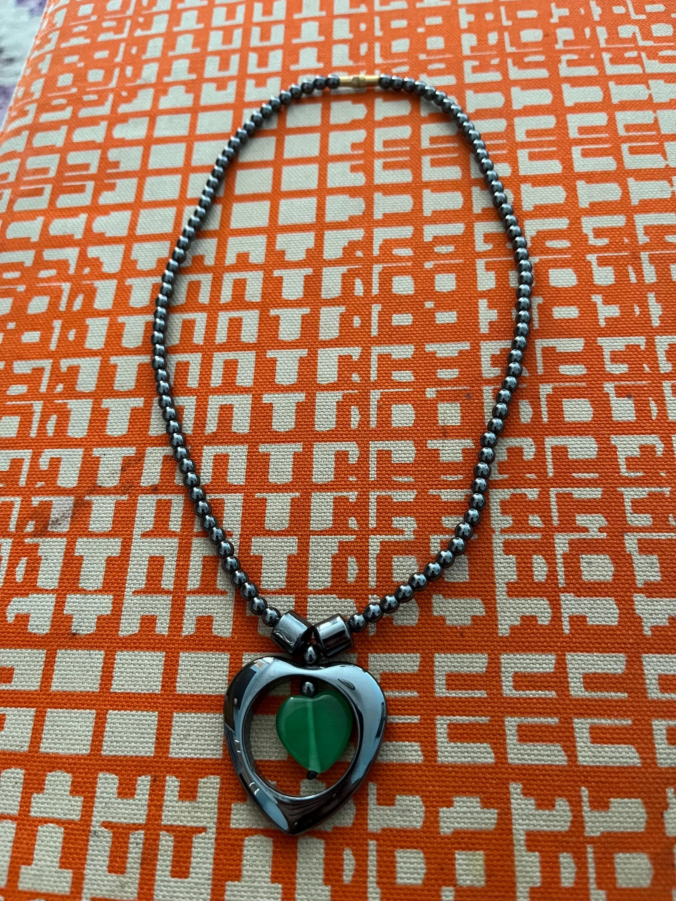 Hematite Beaded Heart Necklace with Green Stone | Magnetic Hematite Jewelry | Healing Crystal Heart Pendant | Minimalist Gift for Her