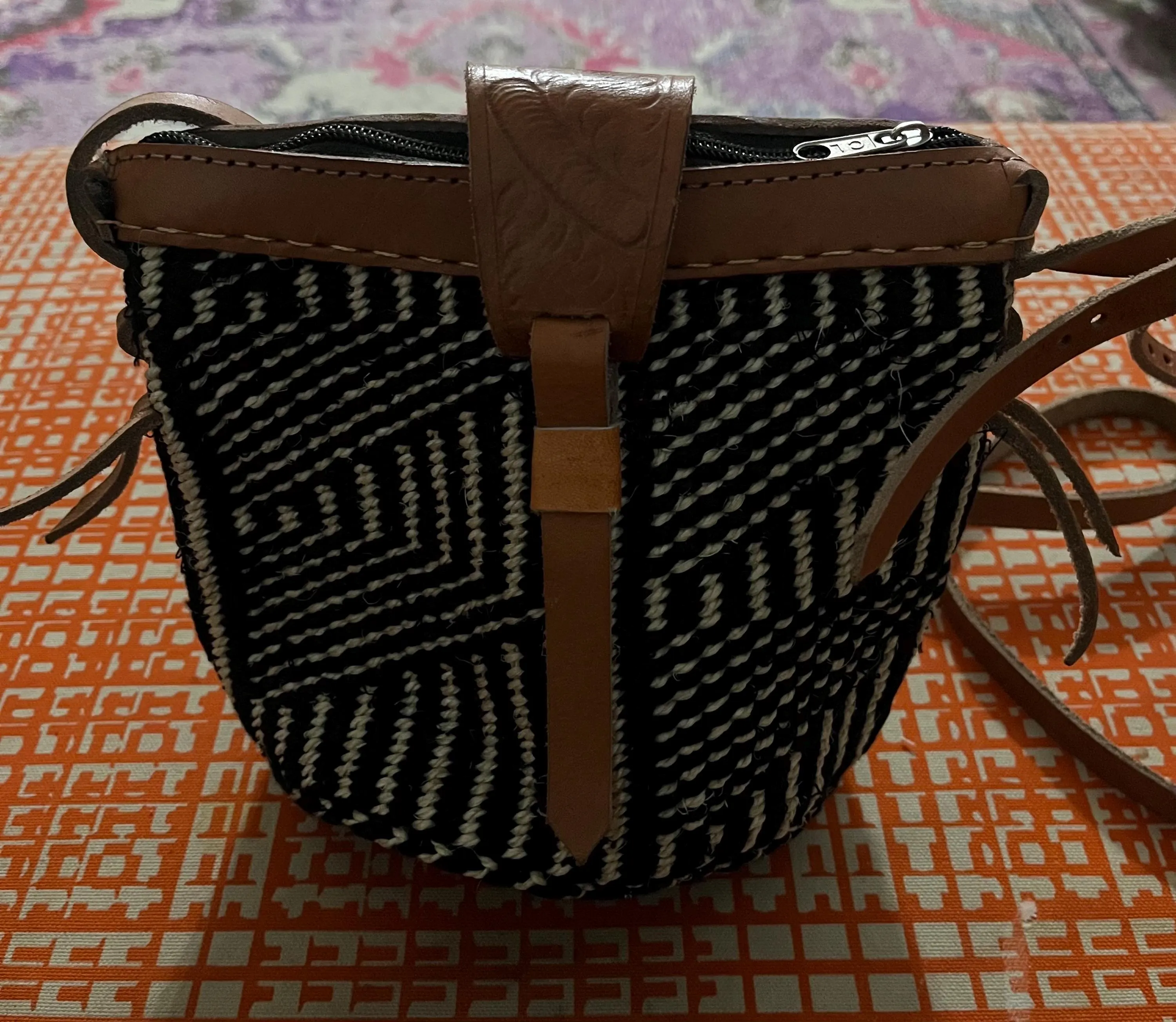 Handwoven Black & White Crossbody Bag with Leather Strap | Boho Tribal Pattern Purse | Handmade Woven Mini Bag | Artisan Shoulder Bag