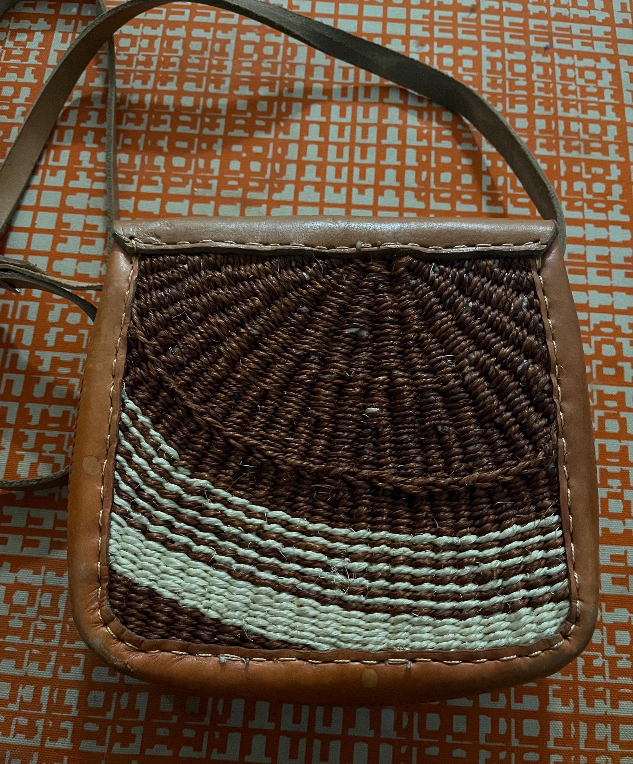 Vintage Woven Leather Crossbody Bag, Boho Handwoven Purse, Brown Cream Textile Shoulder Bag, Rustic Artisan Small Satchel, Festival Hippie - image 3