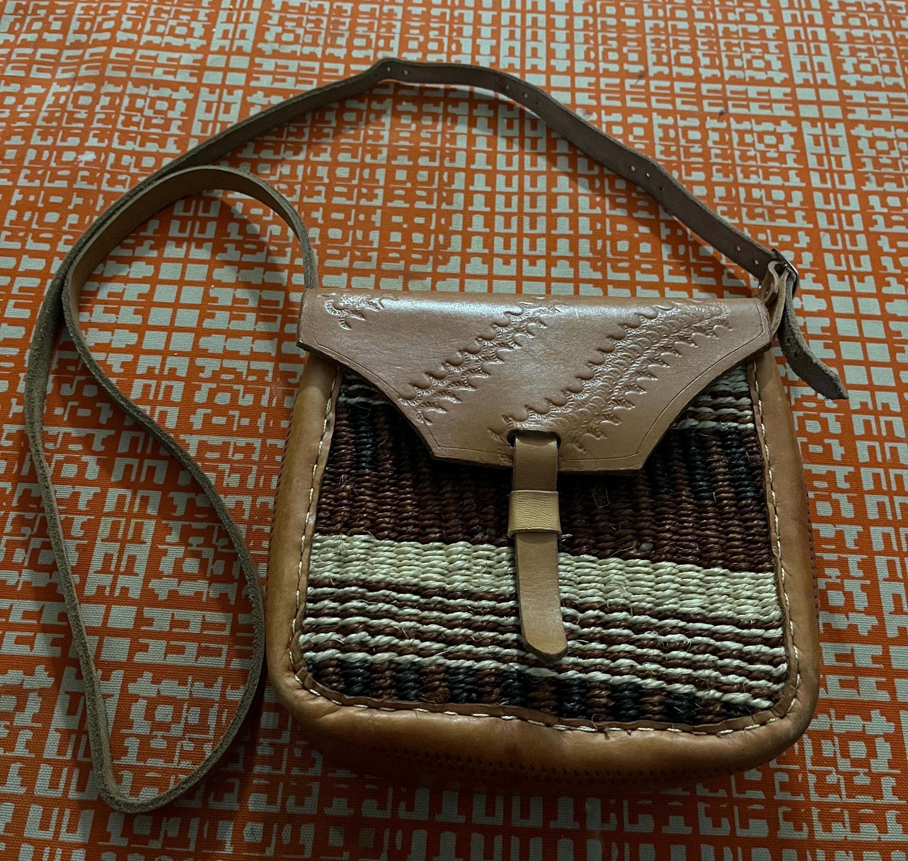 Vintage Woven Leather Crossbody Bag, Boho Handwoven Purse, Brown Cream Textile Shoulder Bag, Rustic Artisan Small Satchel, Festival Hippie