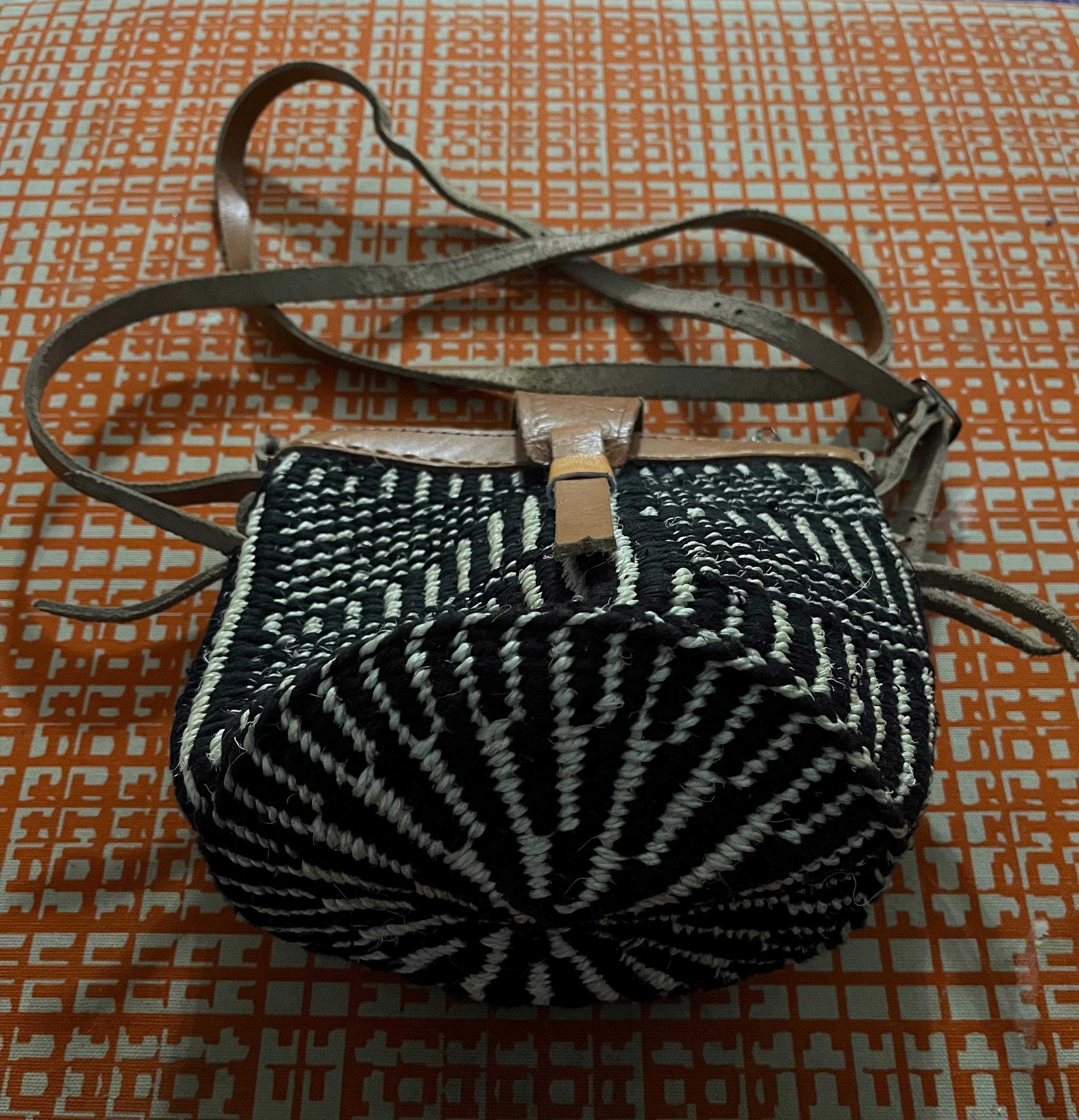 Handwoven Black & White Crossbody Bag with Leather Strap | Boho Tribal Pattern Purse | Handmade Woven Mini Bag | Artisan Shoulder Bag - image 4
