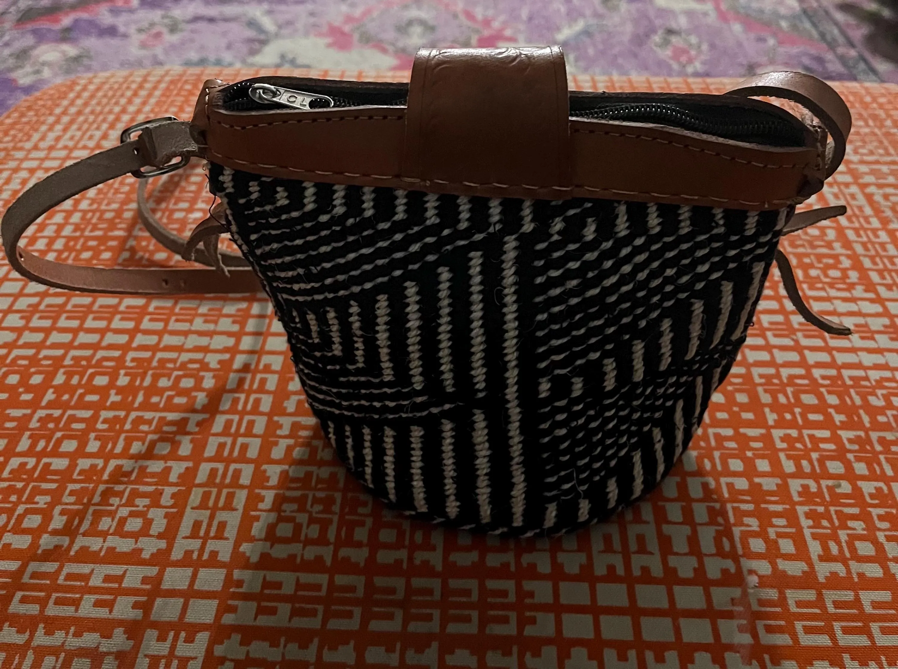 Handwoven Black & White Crossbody Bag with Leather Strap | Boho Tribal Pattern Purse | Handmade Woven Mini Bag | Artisan Shoulder Bag - image 3